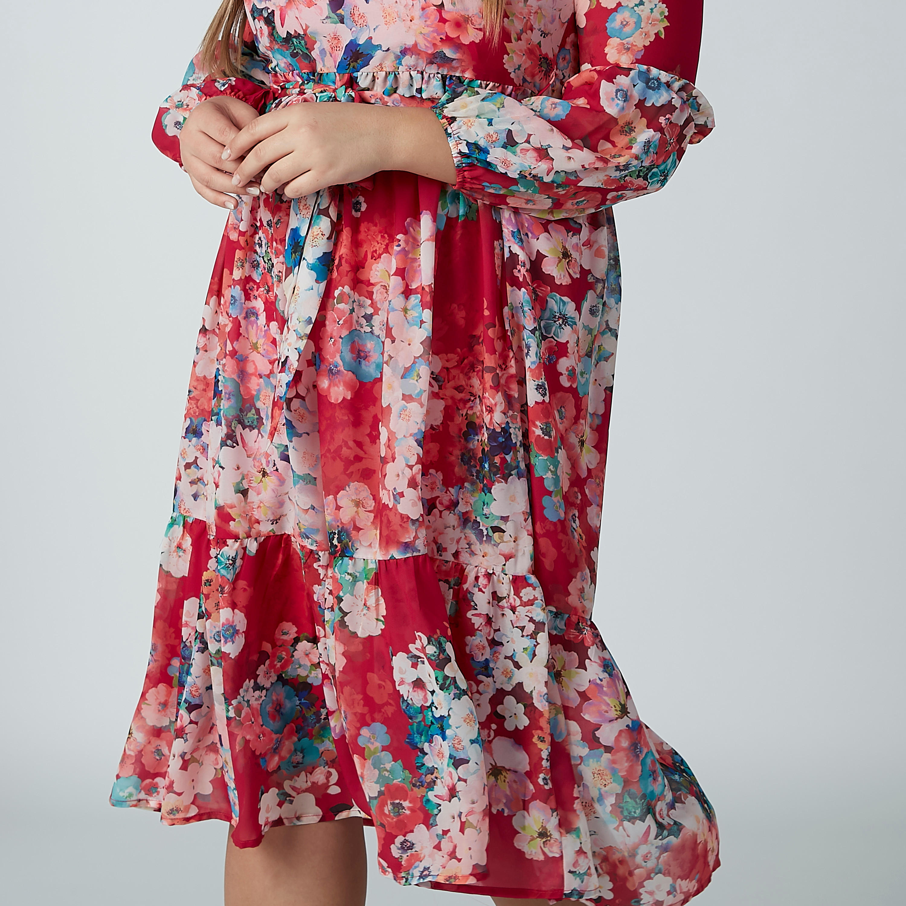 Floral Printed A-line Midi Dress with Round Neck and Long Sleeves-women-clothing-dresses-image-4