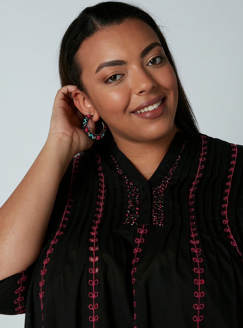تونيك بارز الملمس بياقة V وأكمام 3/4-women-clothing-shirtsandblouses-blouses-image-2