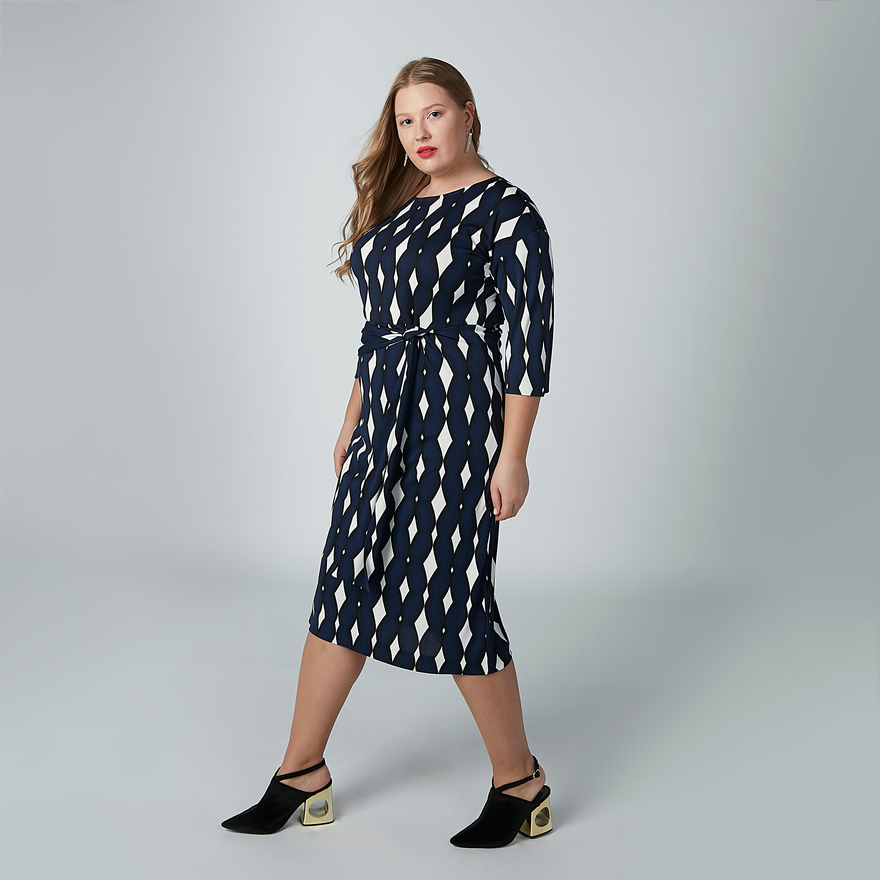فستان إيه لاين متوسط الطول بأكمام 3/4 وأربطة وطبعات-women-clothing-dresses-image-2