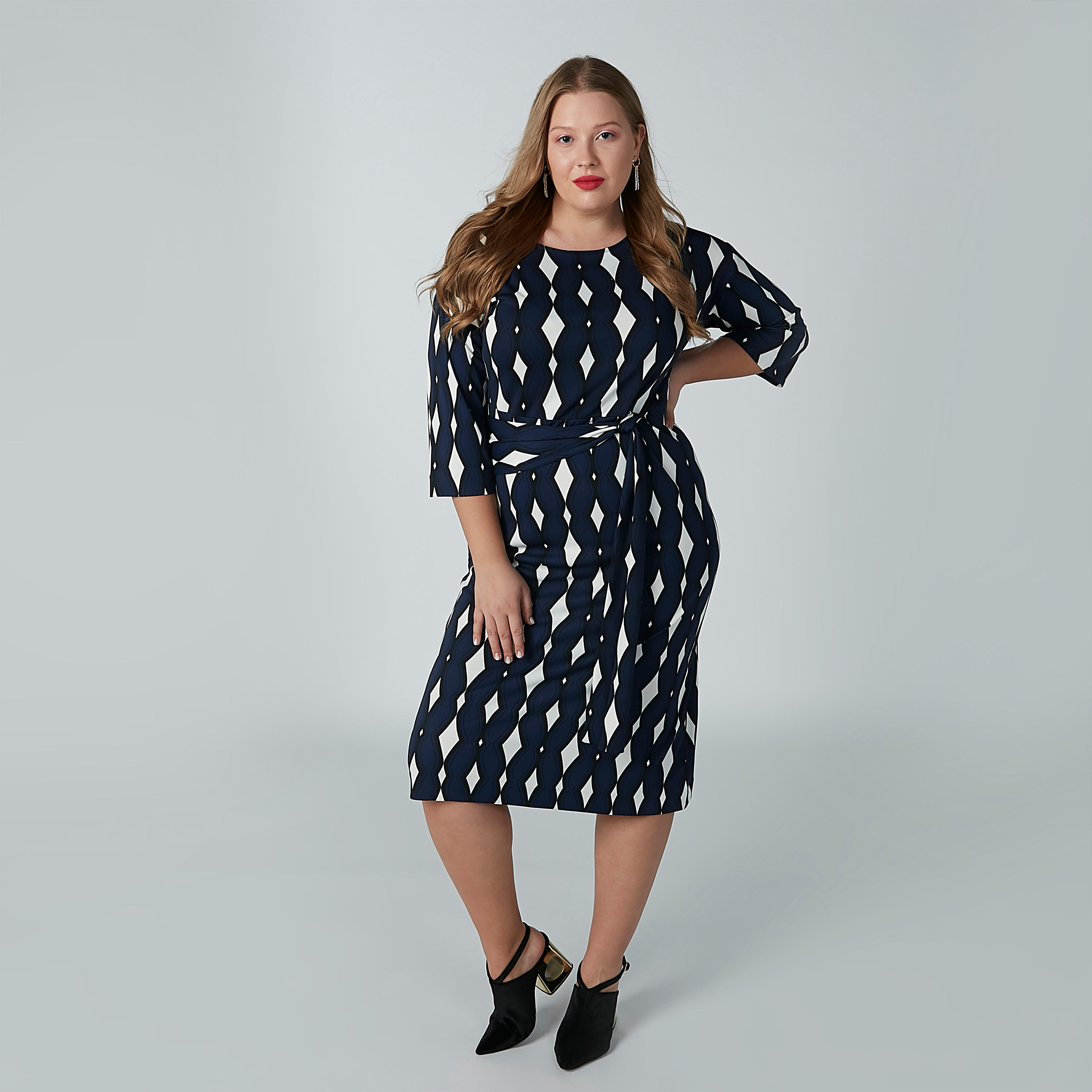 فستان إيه لاين متوسط الطول بأكمام 3/4 وأربطة وطبعات-women-clothing-dresses-image-3