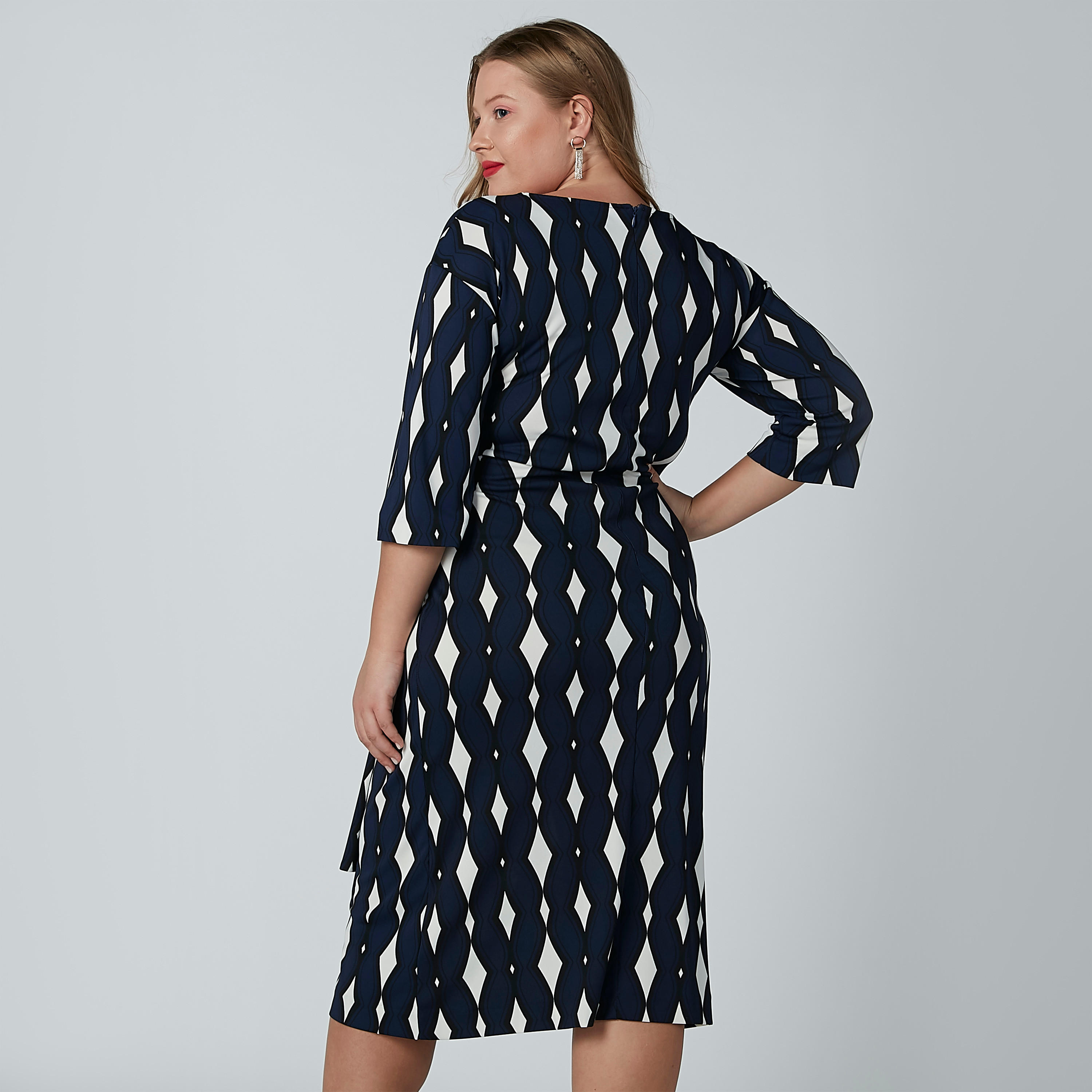 فستان إيه لاين متوسط الطول بأكمام 3/4 وأربطة وطبعات-women-clothing-dresses-image-5