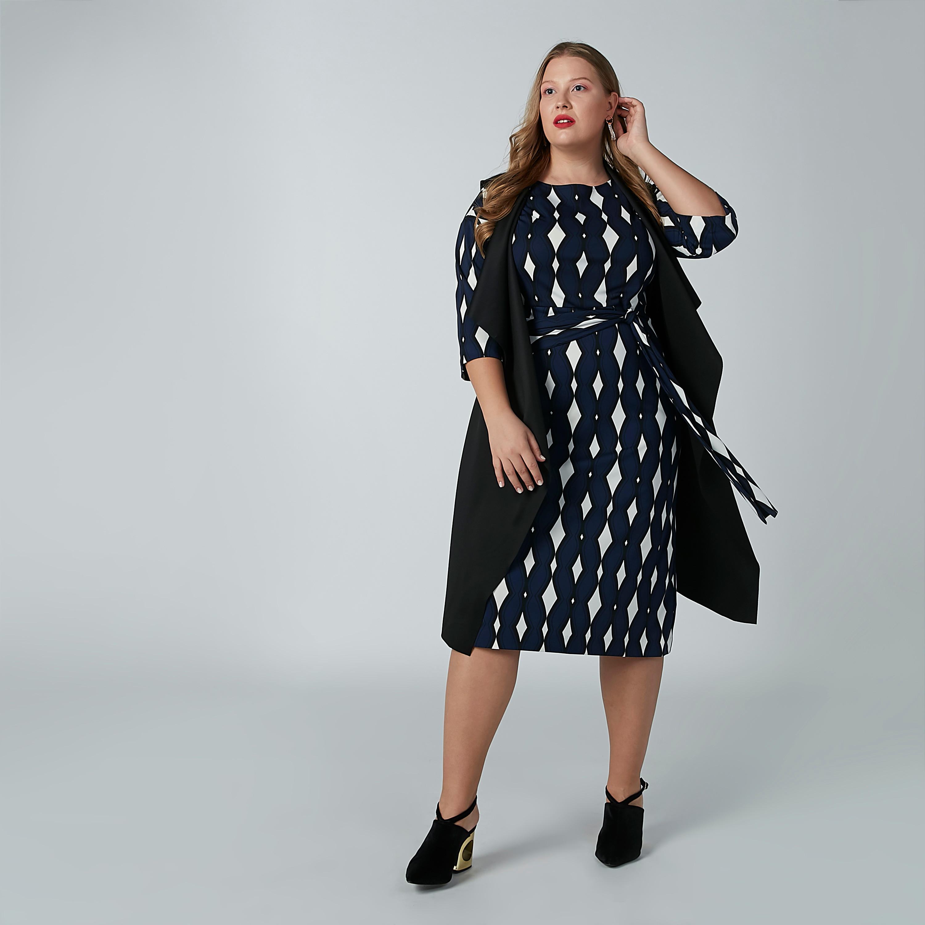 فستان إيه لاين متوسط الطول بأكمام 3/4 وأربطة وطبعات-women-clothing-dresses-image-6