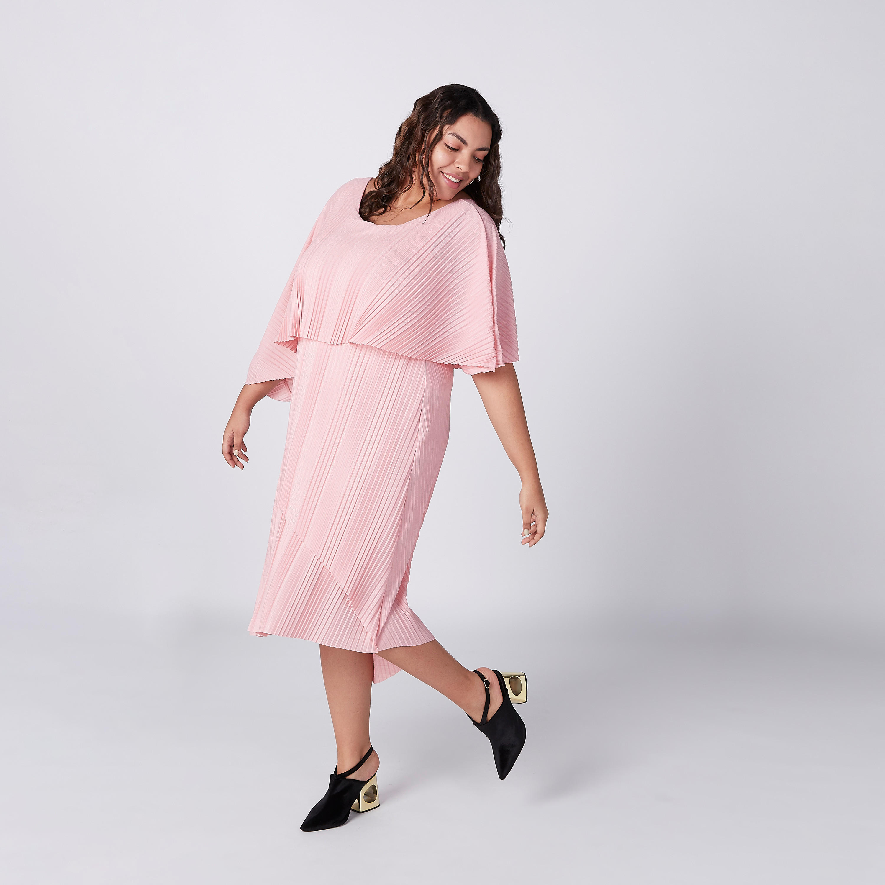 فستان إيه لاين متوسط الطول بياقة مستديرة وكشكش-women-clothing-dresses-image-1