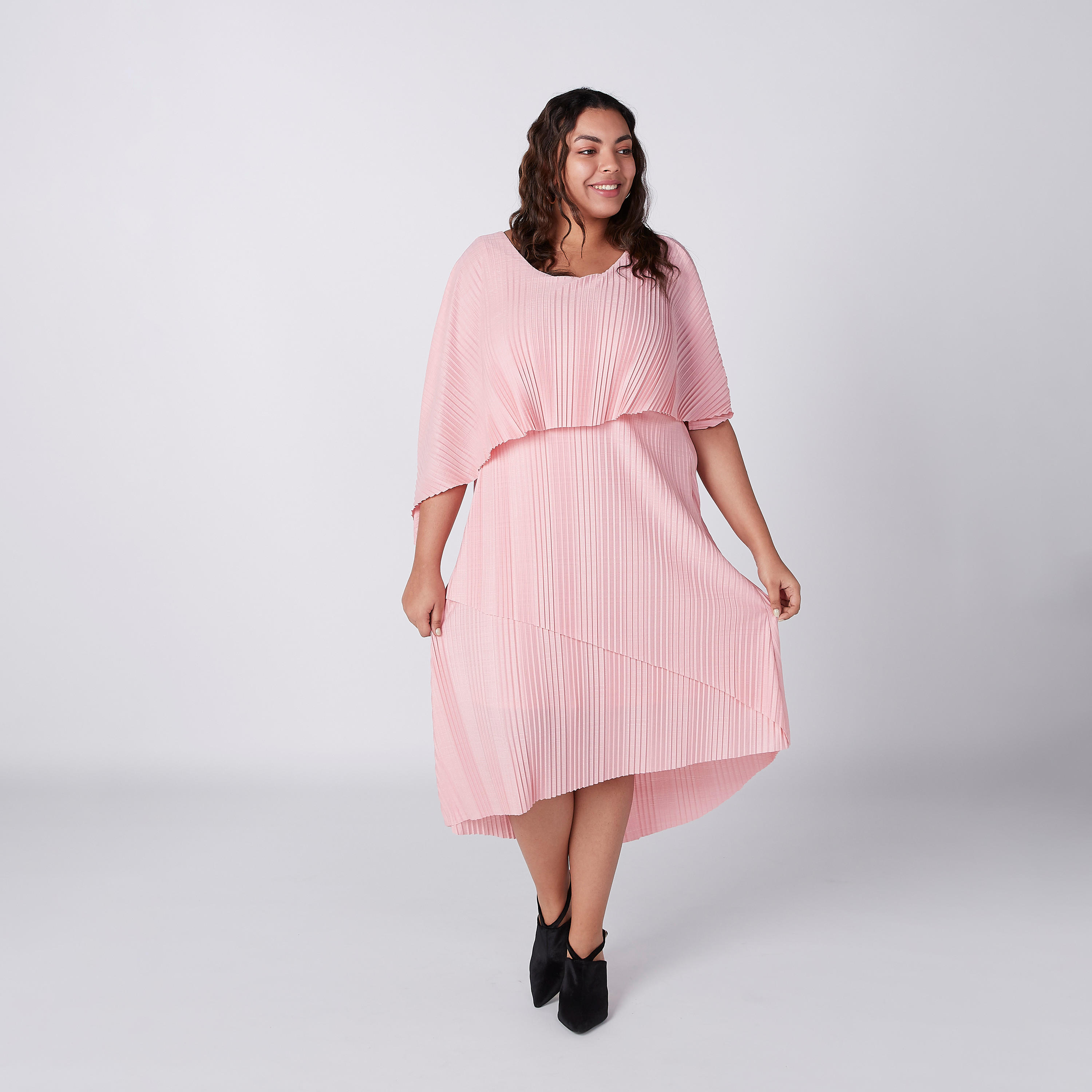 فستان إيه لاين متوسط الطول بياقة مستديرة وكشكش-women-clothing-dresses-image-3