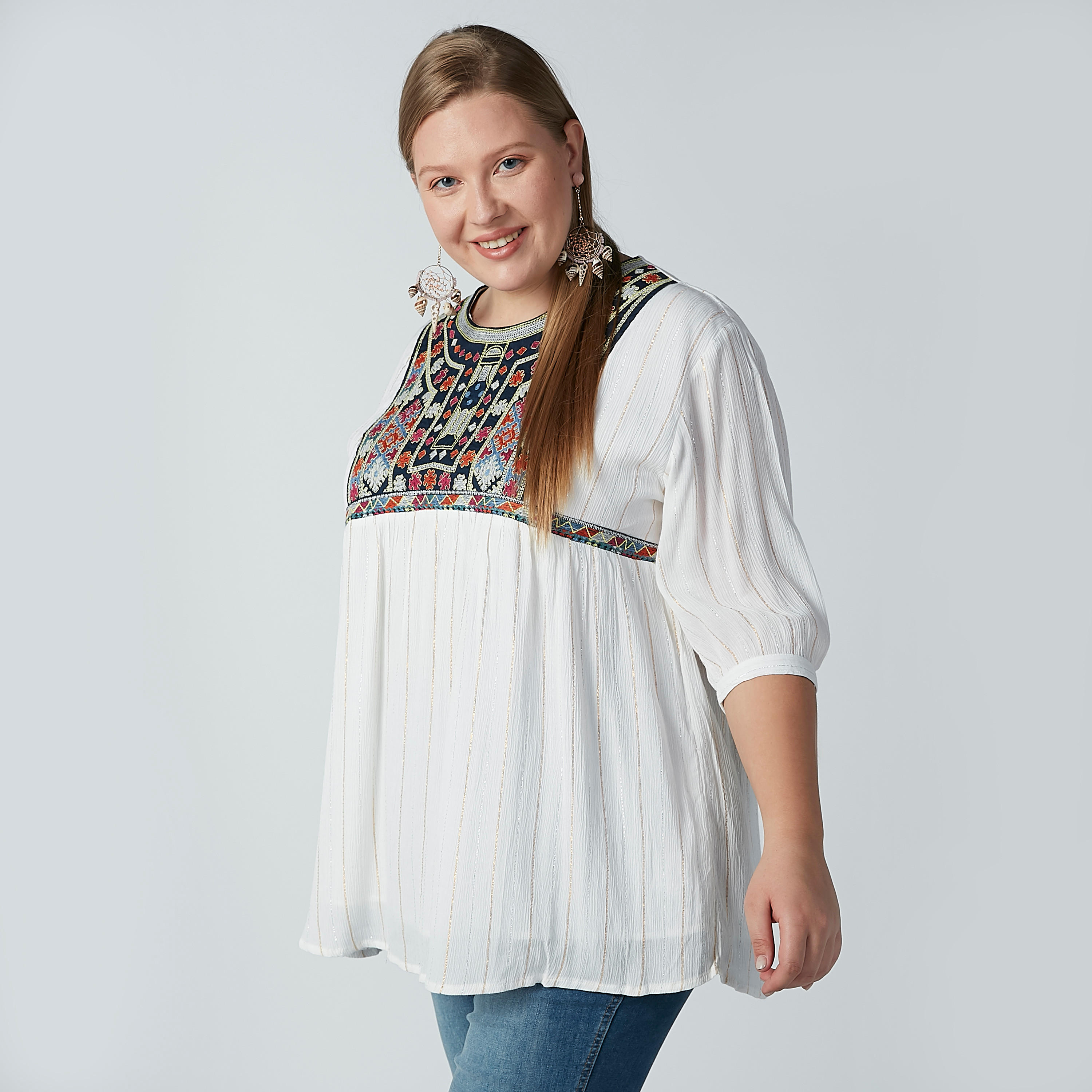 تونيك بارز الملمس بياقة مستديرة وأكمام 3/4-women-clothing-shirtsandblouses-blouses-image-1