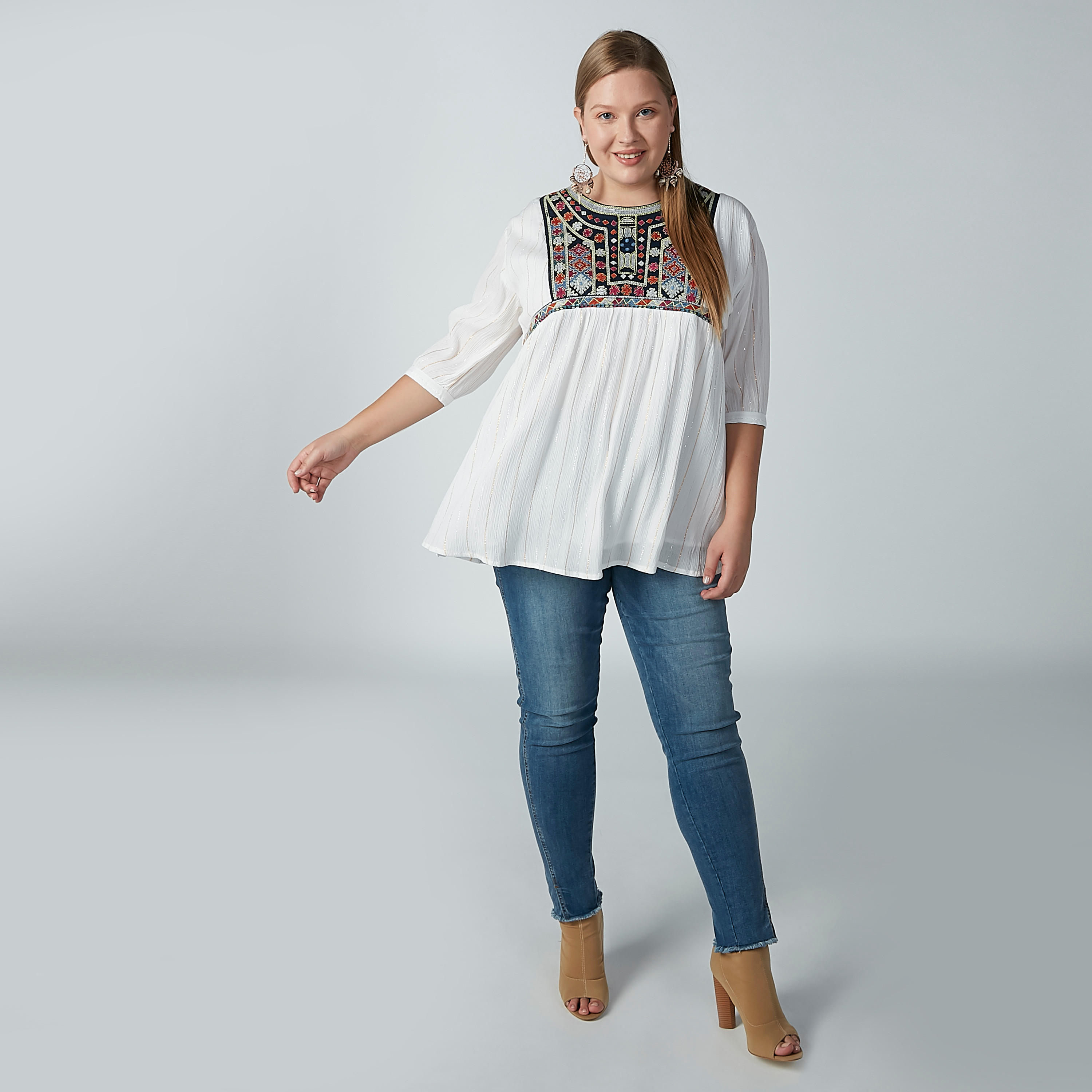 تونيك بارز الملمس بياقة مستديرة وأكمام 3/4-women-clothing-shirtsandblouses-blouses-image-2