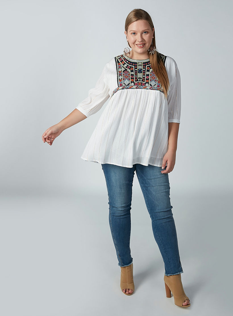 تونيك بارز الملمس بياقة مستديرة وأكمام 3/4-women-clothing-shirtsandblouses-blouses-image-2