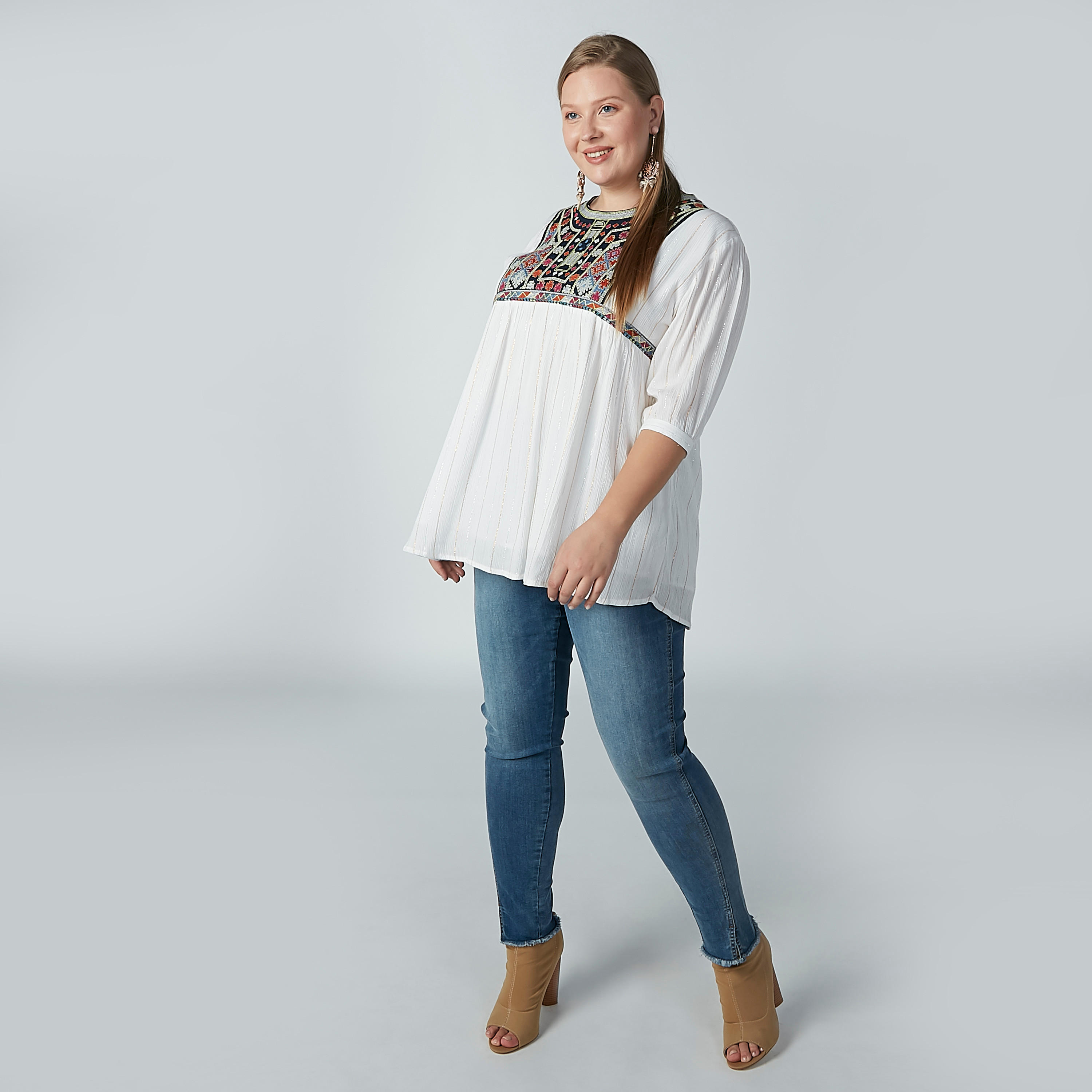 تونيك بارز الملمس بياقة مستديرة وأكمام 3/4-women-clothing-shirtsandblouses-blouses-image-4