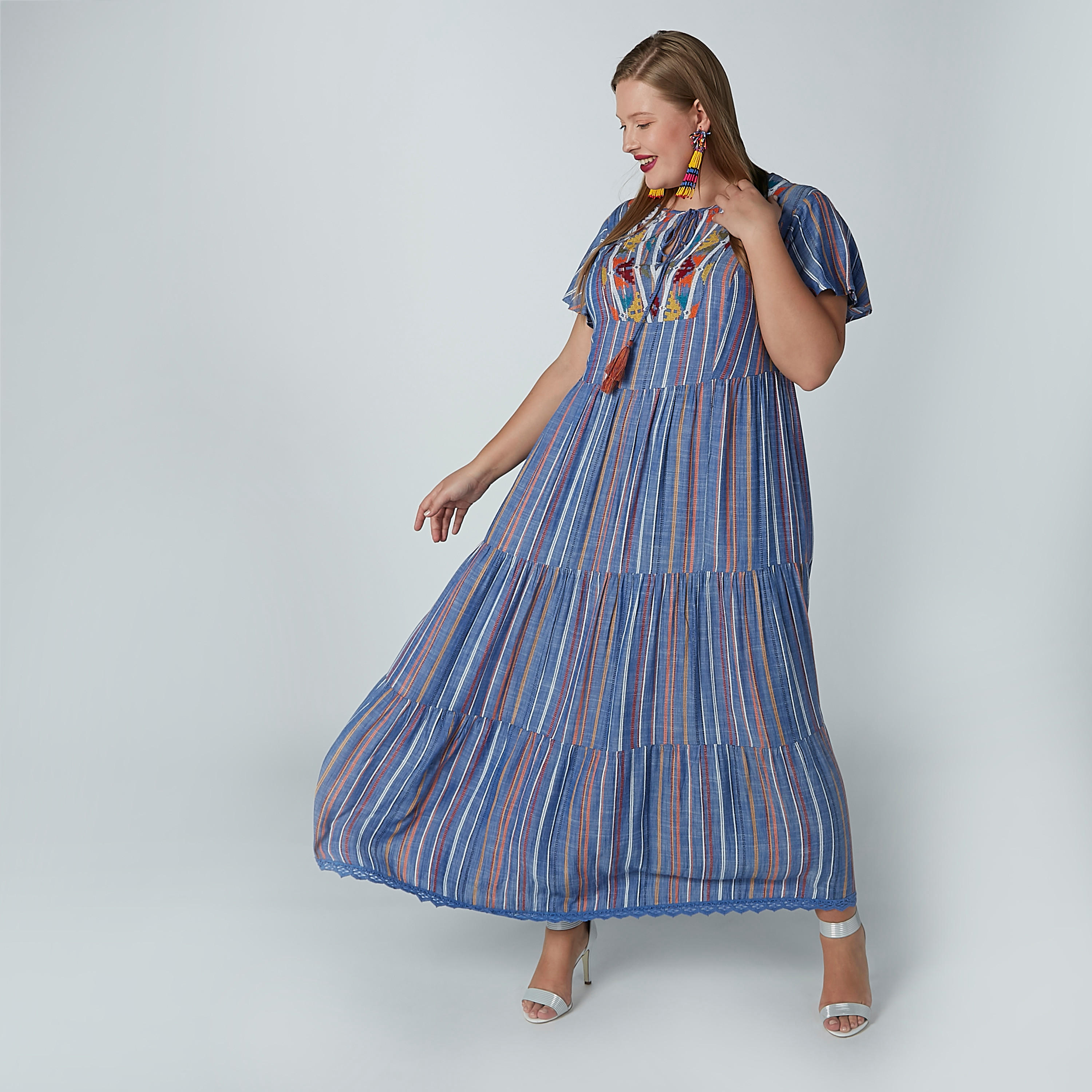 فستان إيه لاين طويل مقلم بأكمام قصيرة وأربطة-women-clothing-dresses-image-1