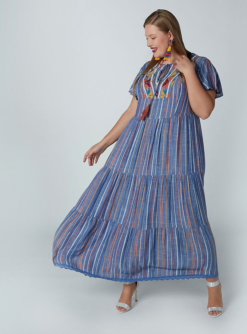 فستان إيه لاين طويل مقلم بأكمام قصيرة وأربطة-women-clothing-dresses-image-1