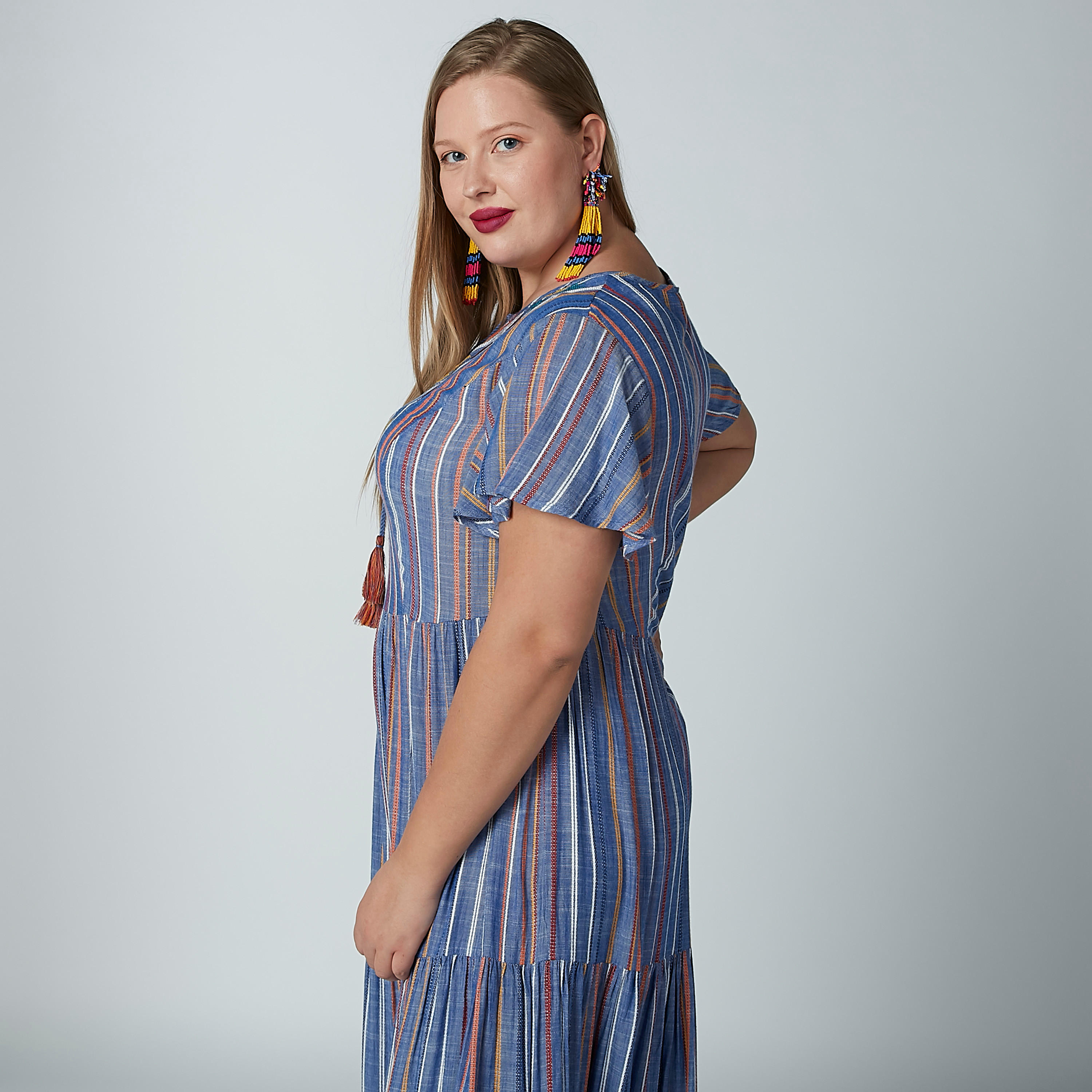 فستان إيه لاين طويل مقلم بأكمام قصيرة وأربطة-women-clothing-dresses-image-2