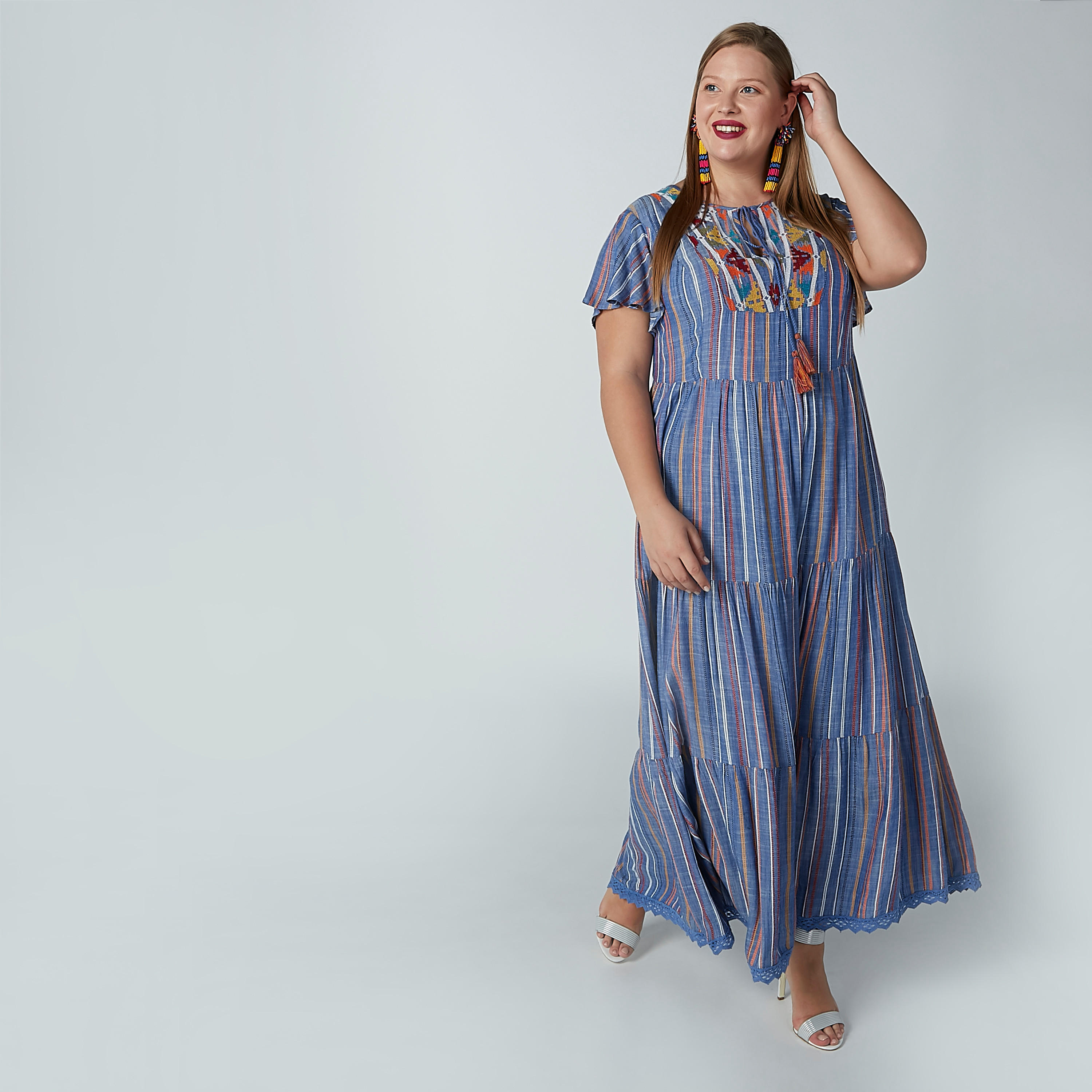 فستان إيه لاين طويل مقلم بأكمام قصيرة وأربطة-women-clothing-dresses-image-3
