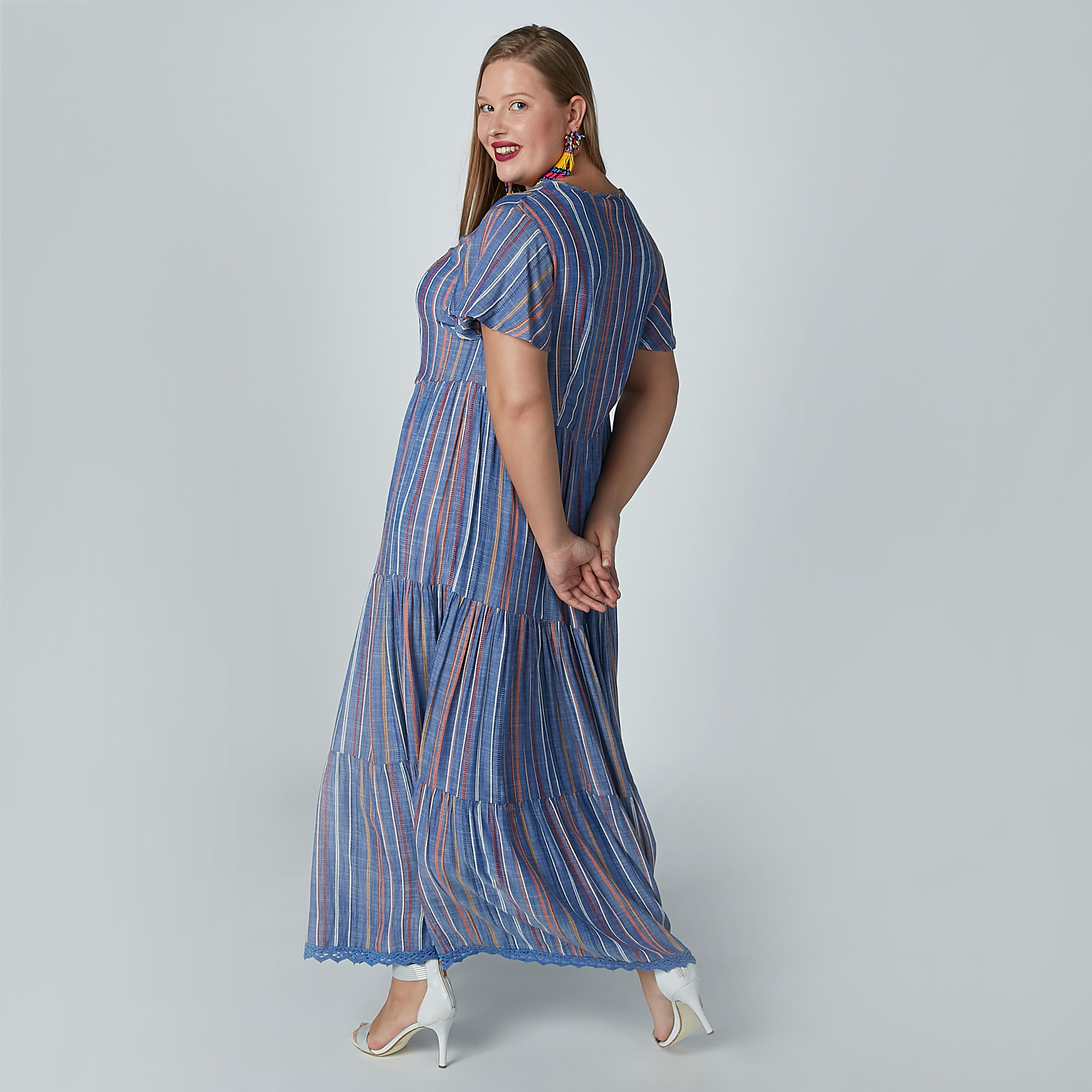 فستان إيه لاين طويل مقلم بأكمام قصيرة وأربطة-women-clothing-dresses-image-4