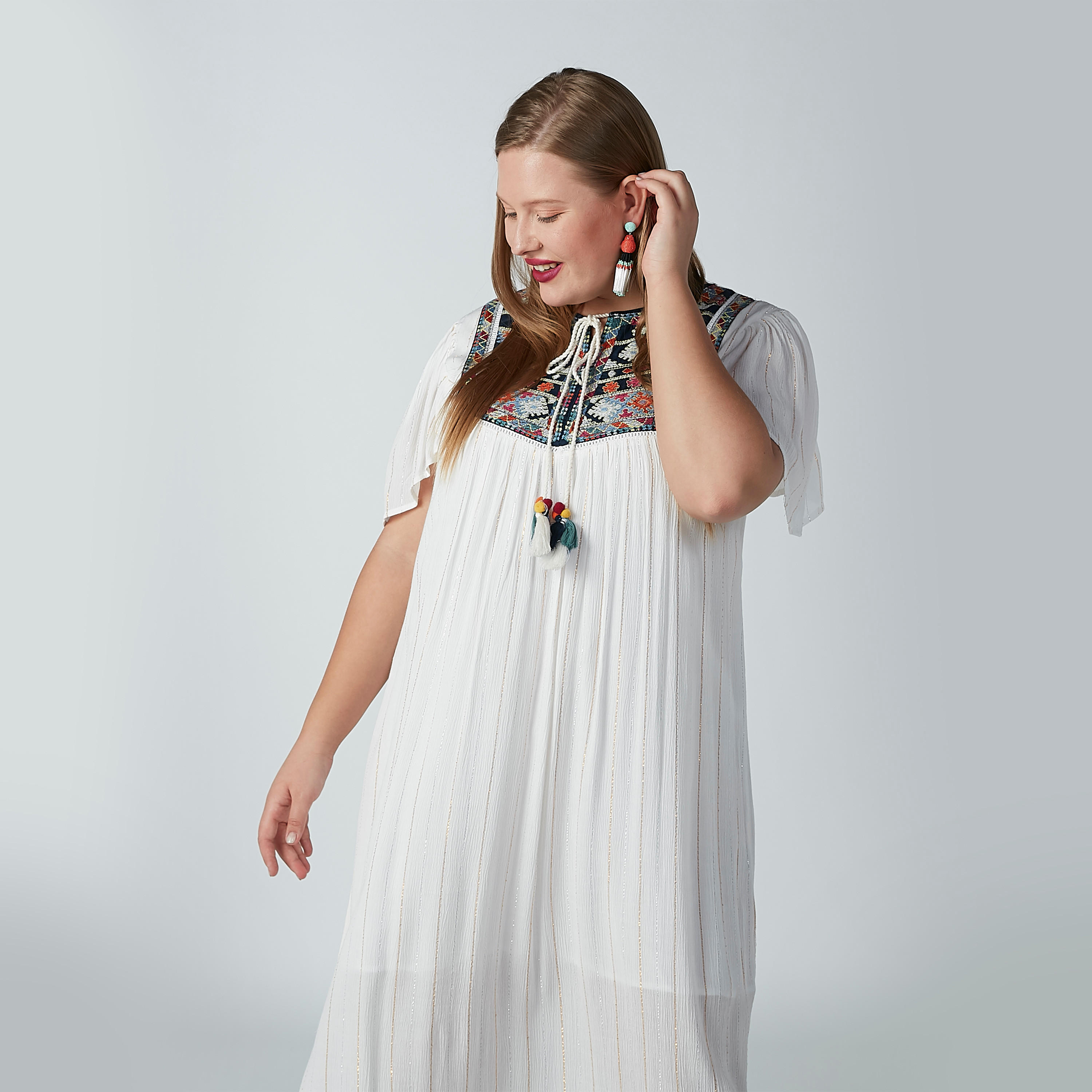 فستان طويل بارز الملمس بأربطة وأكمام بأزهار-women-clothing-dresses-image-1