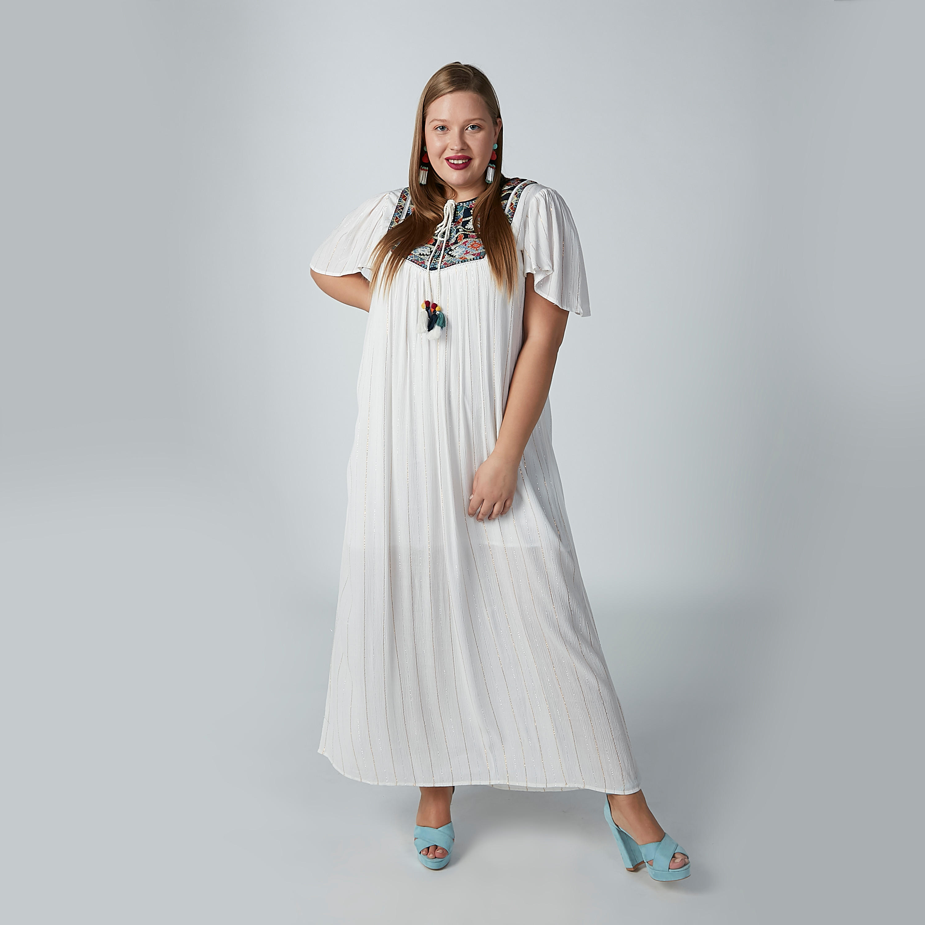 فستان طويل بارز الملمس بأربطة وأكمام بأزهار-women-clothing-dresses-image-3
