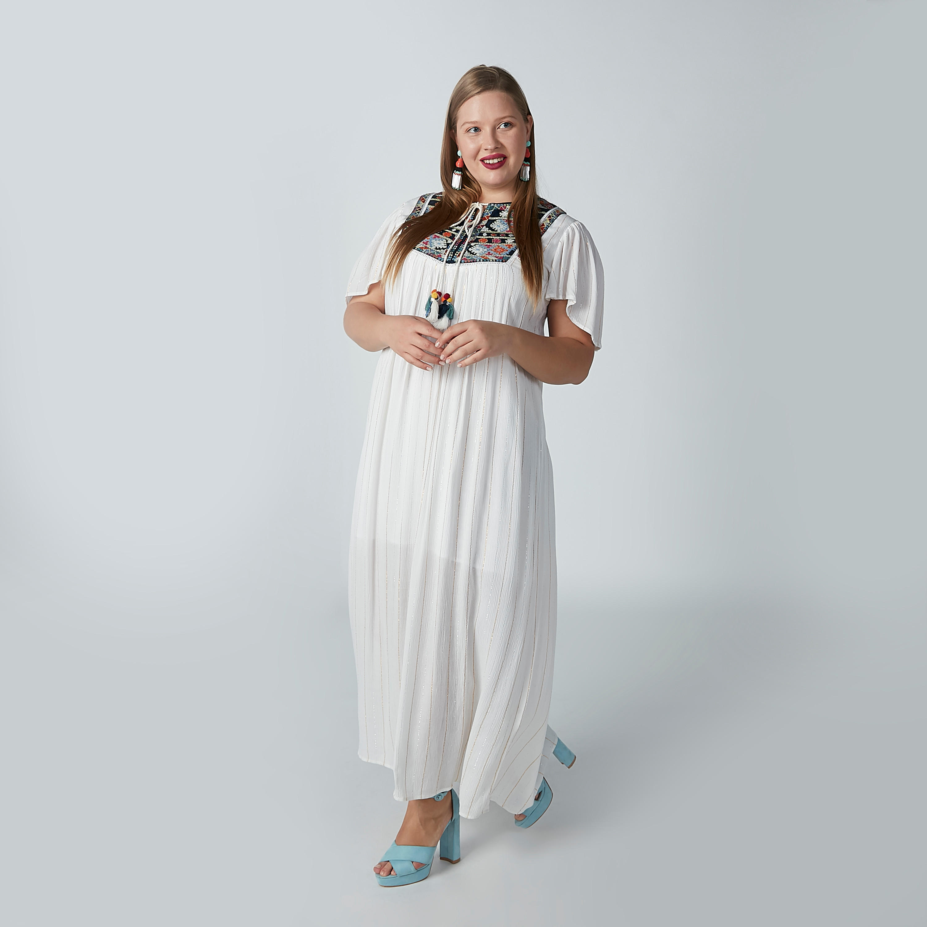 فستان طويل بارز الملمس بأربطة وأكمام بأزهار-women-clothing-dresses-image-5