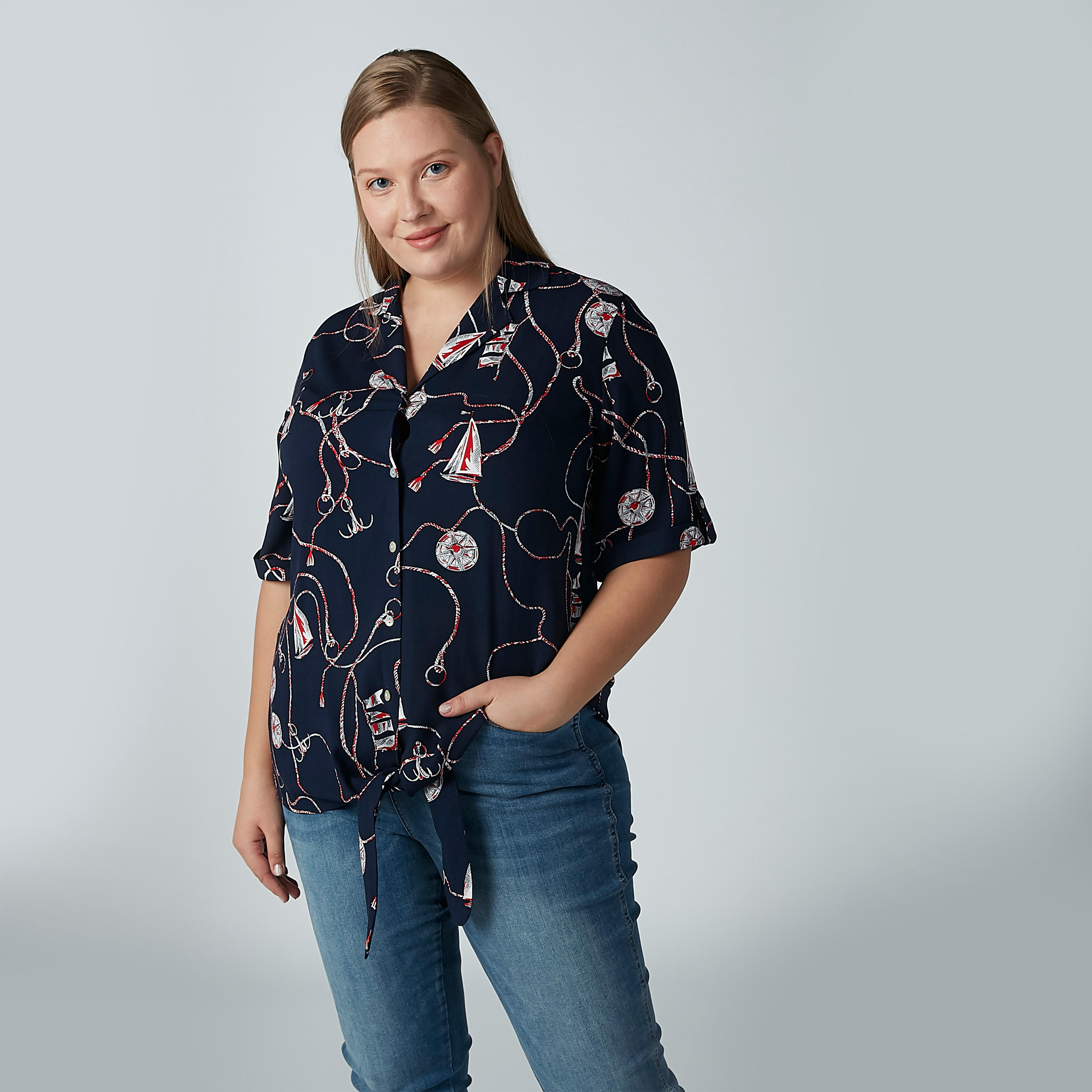 Printed Shirt with Short Sleeves and Knot Detail-women-clothing-shirtsandblouses-blouses-image-1