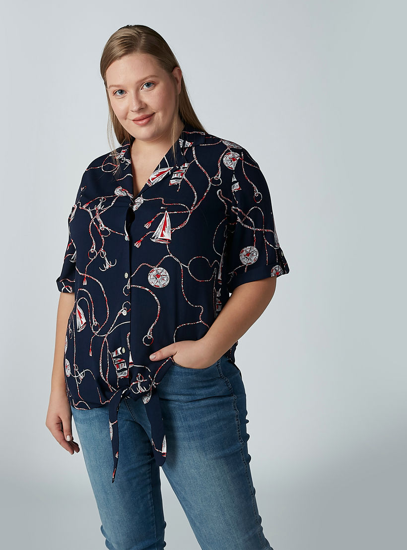 Printed Shirt with Short Sleeves and Knot Detail-women-clothing-shirtsandblouses-blouses-image-1