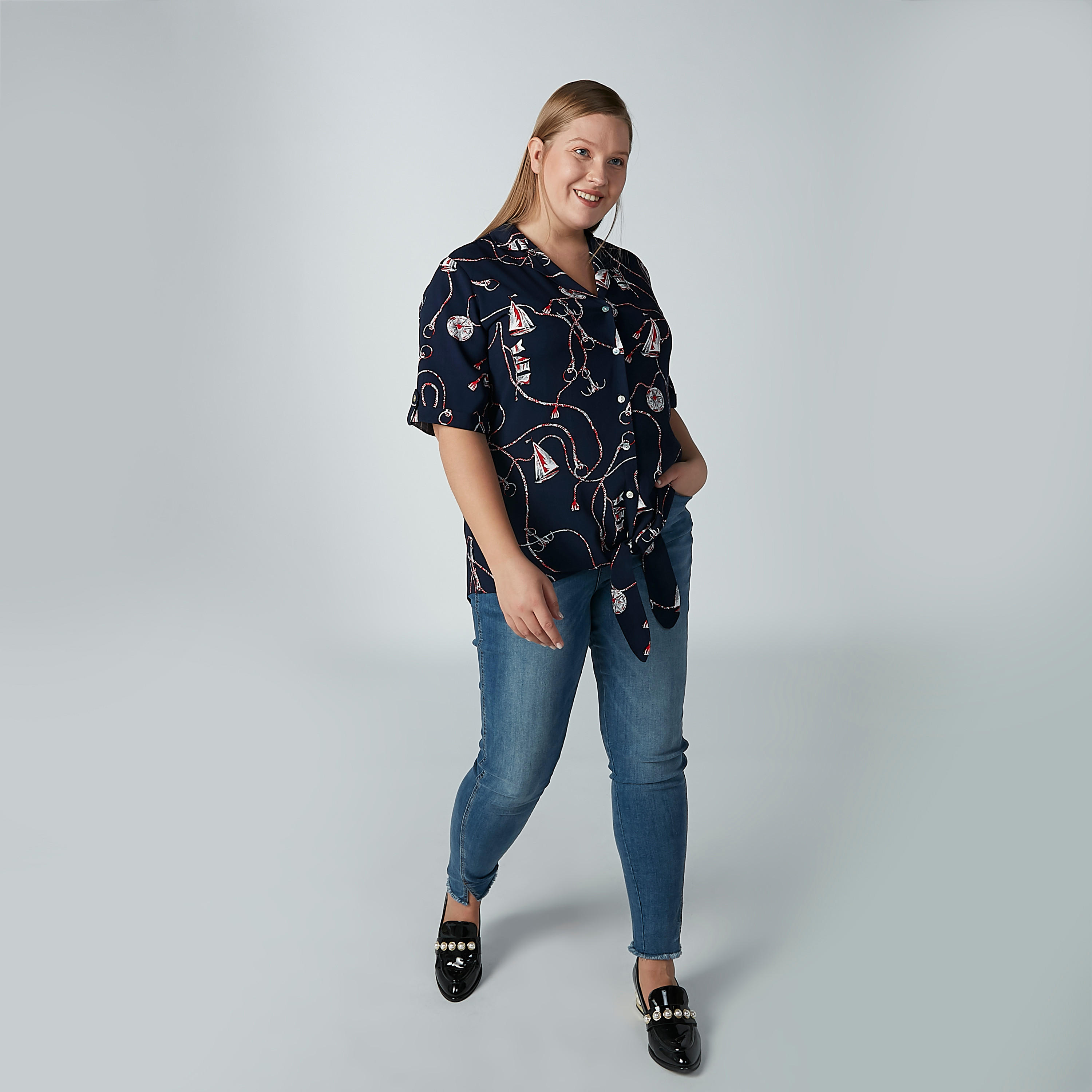 Printed Shirt with Short Sleeves and Knot Detail-women-clothing-shirtsandblouses-blouses-image-2
