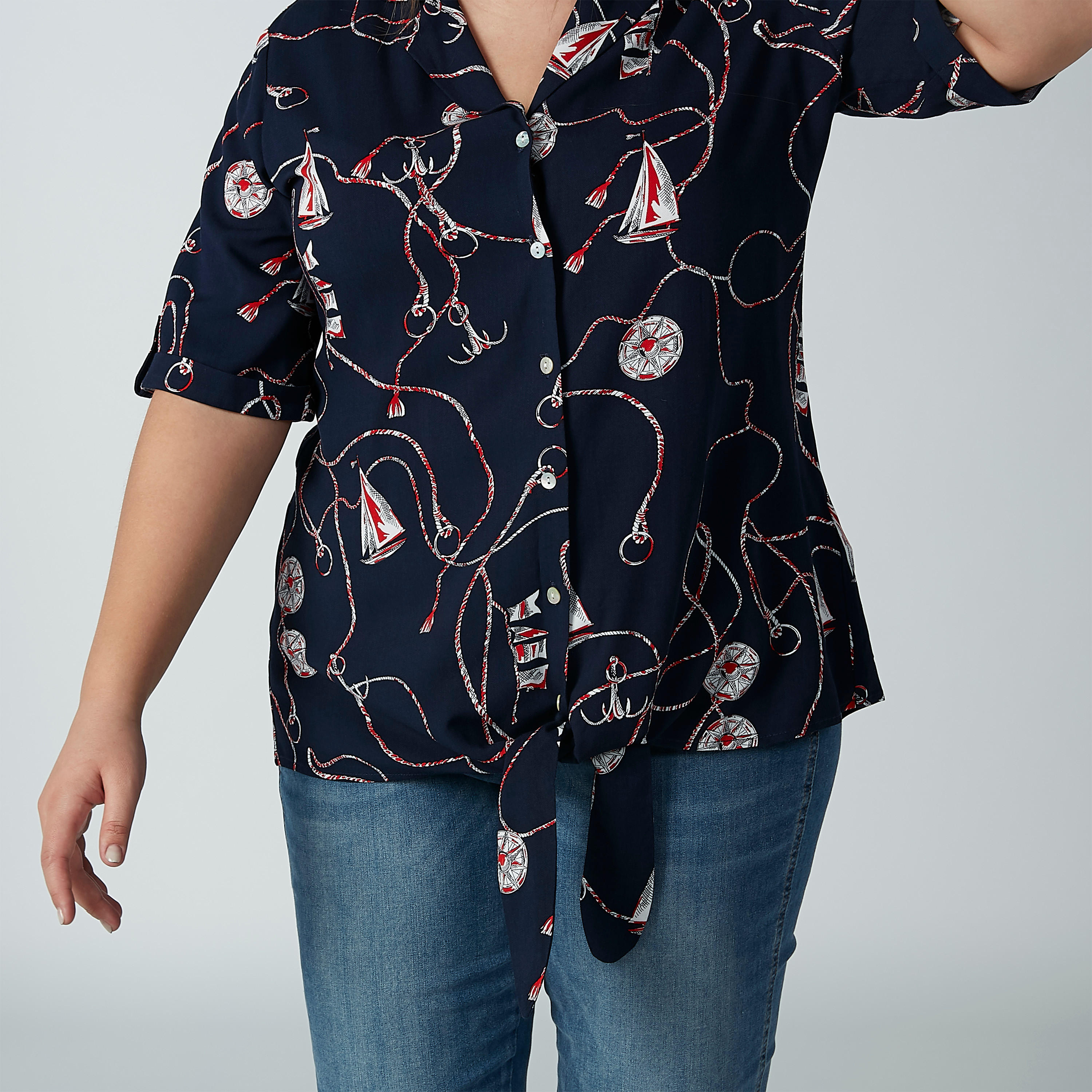Printed Shirt with Short Sleeves and Knot Detail-women-clothing-shirtsandblouses-blouses-image-3