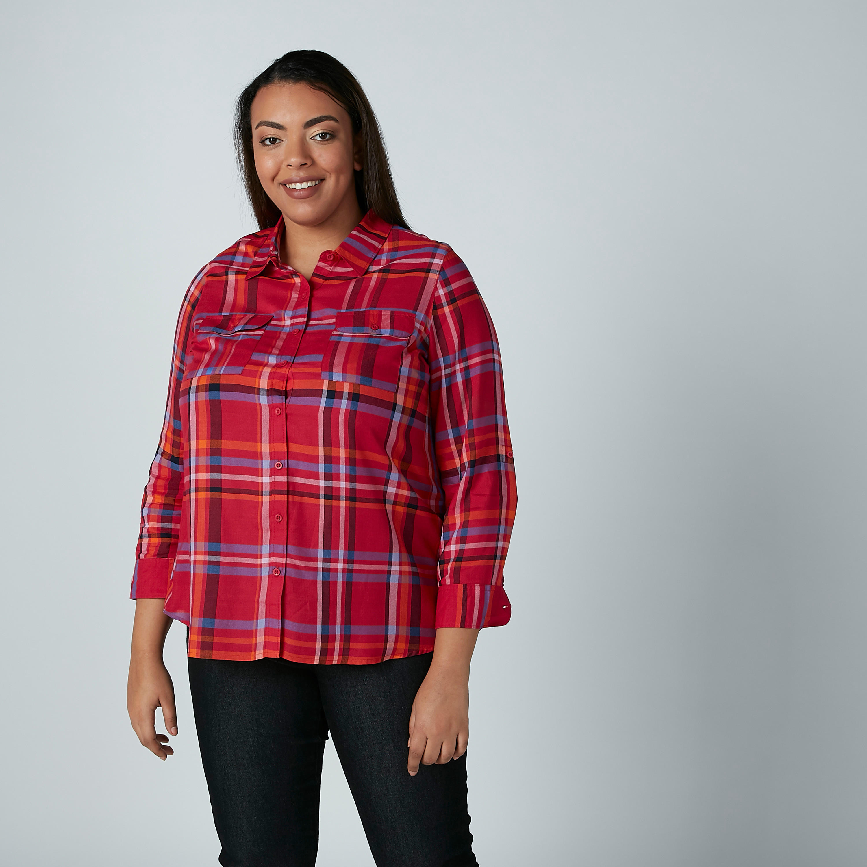 قميص كاروهات بأكمام 3/4 وجيوب-women-clothing-shirtsandblouses-blouses-image-4