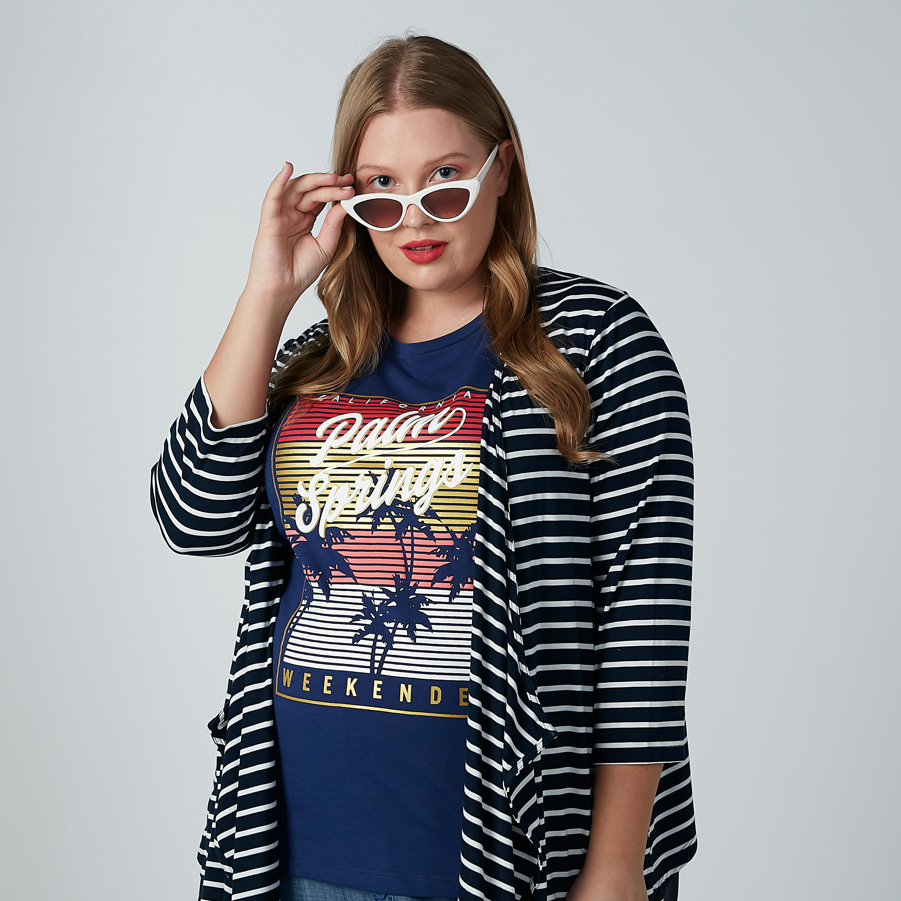 سترة مقلمة مفتوحة من الأمام بأكمام 3/4-women-winterwear-cardigansandjumpers-cardigans-image-1
