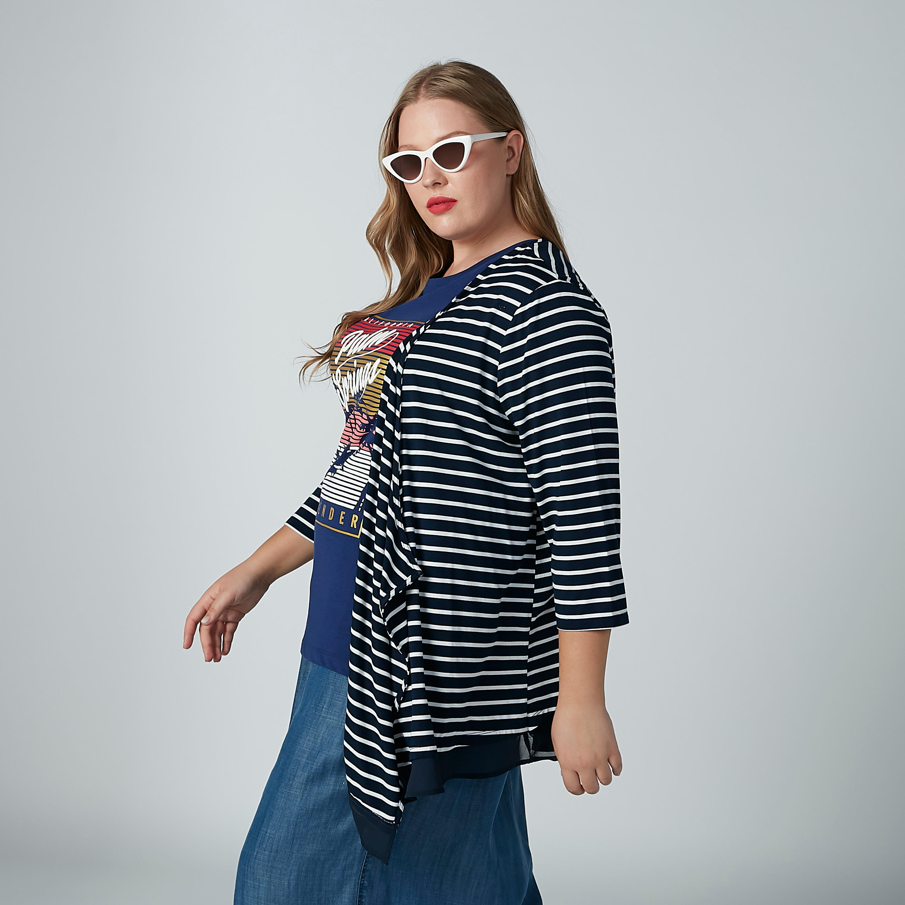 سترة مقلمة مفتوحة من الأمام بأكمام 3/4-women-winterwear-cardigansandjumpers-cardigans-image-2