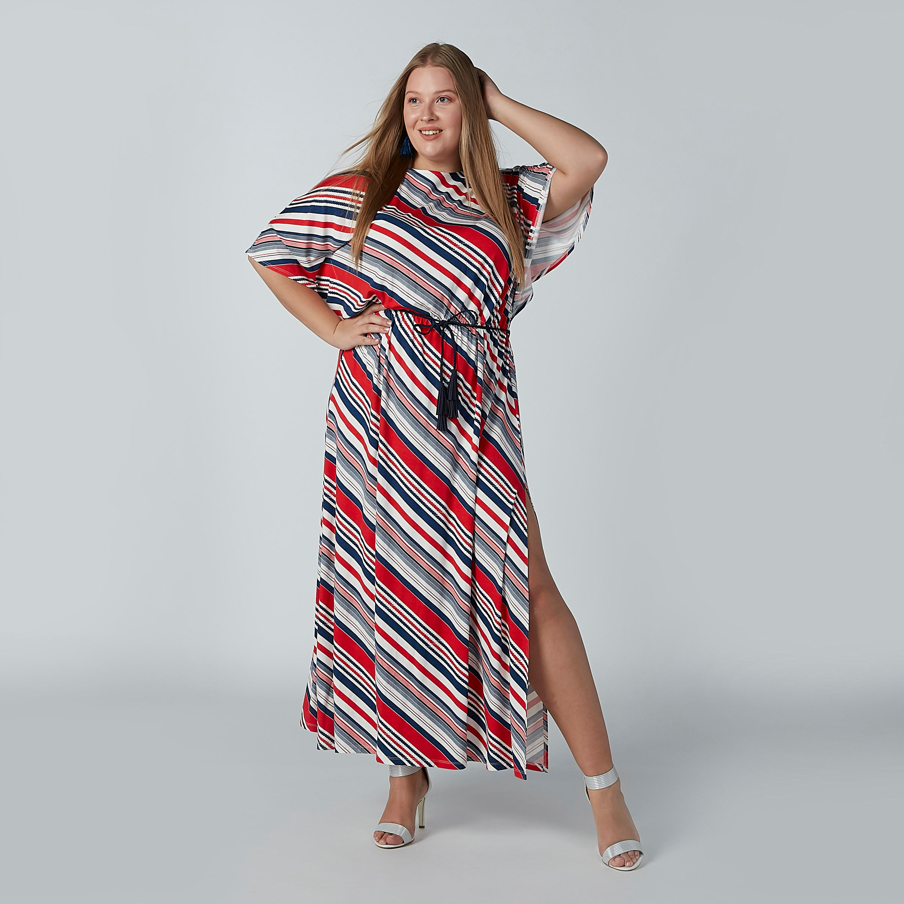 Striped A-line Maxi Dress with Round Neck and Side Slit-women-clothing-dresses-image-3