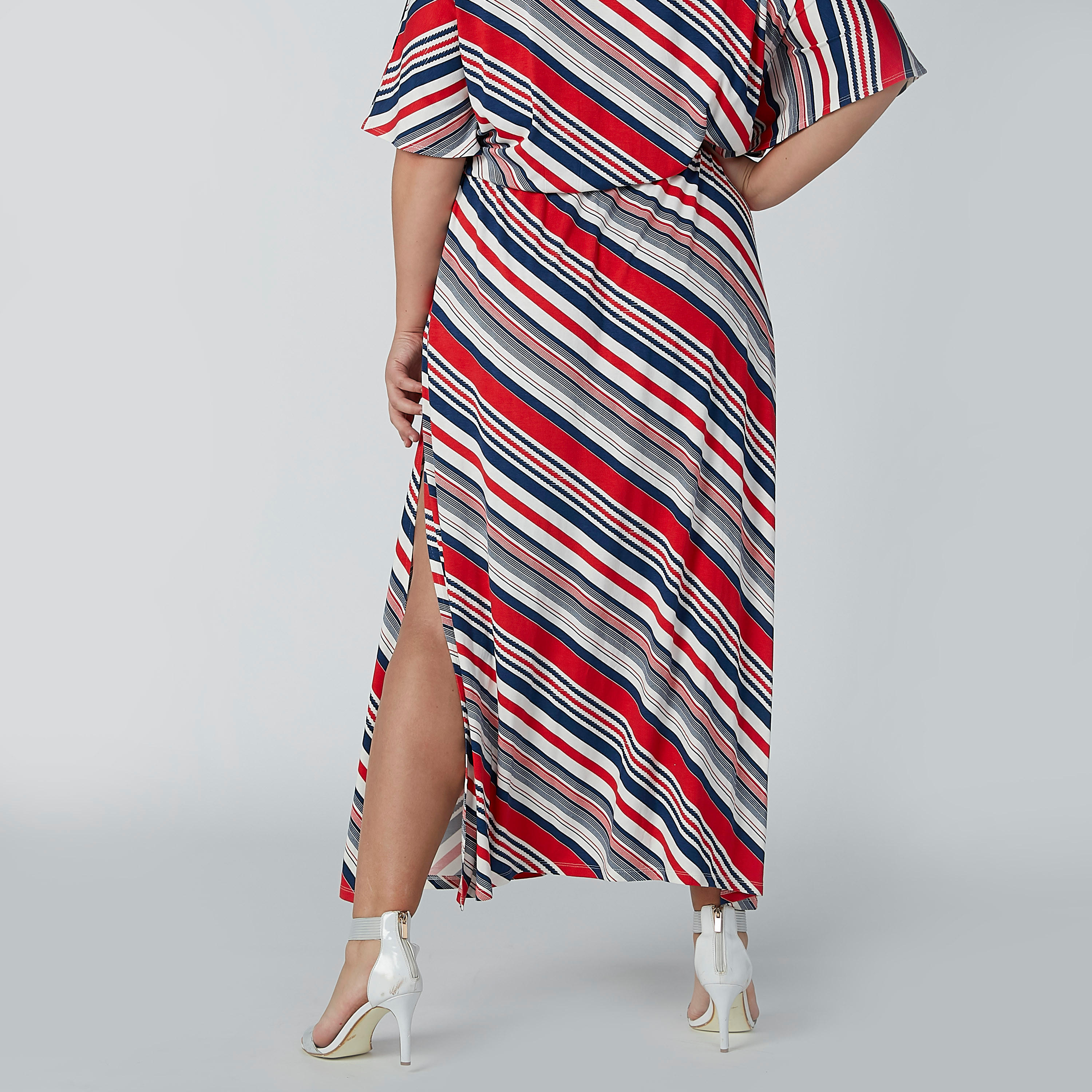 Striped A-line Maxi Dress with Round Neck and Side Slit-women-clothing-dresses-image-4