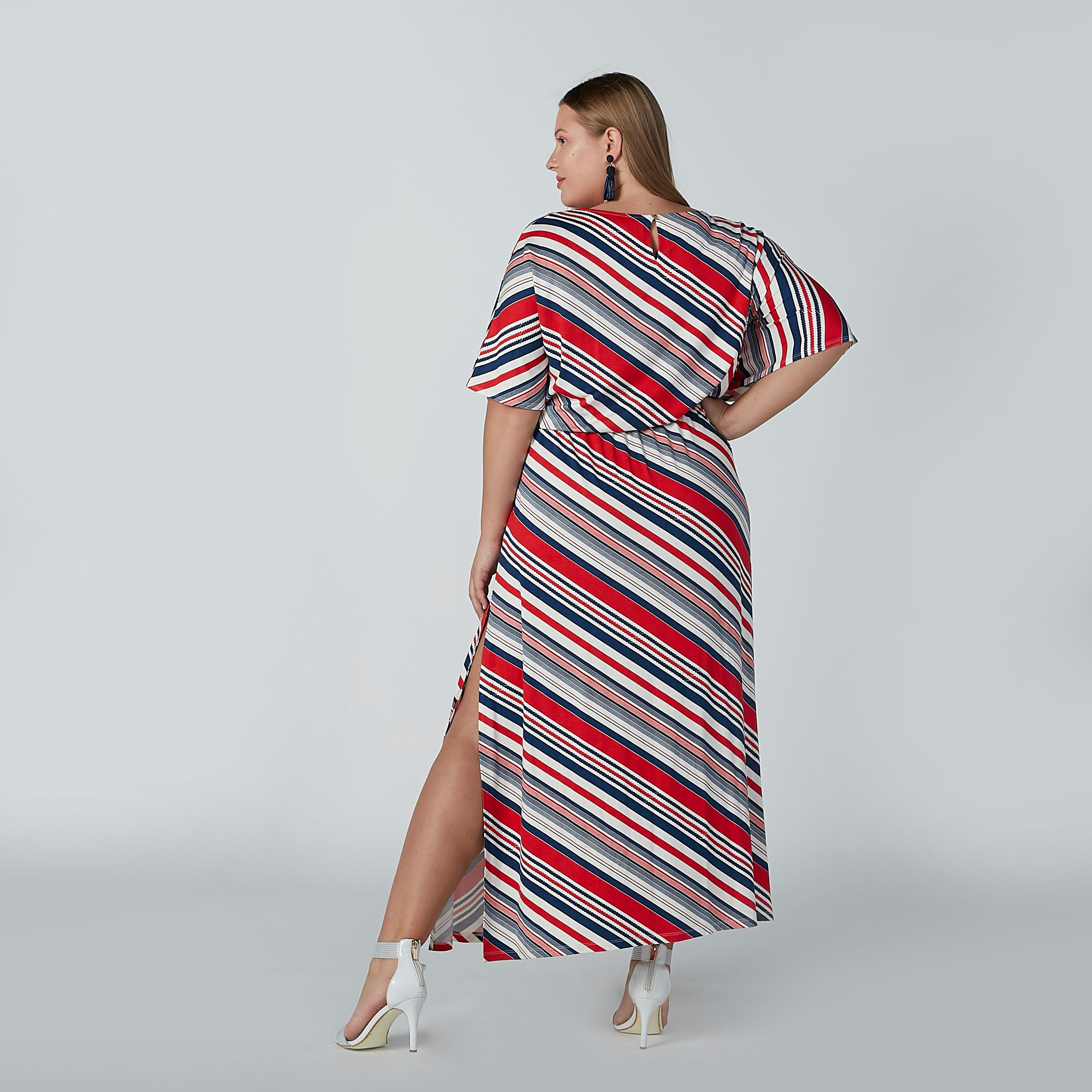 Striped A-line Maxi Dress with Round Neck and Side Slit-women-clothing-dresses-image-5