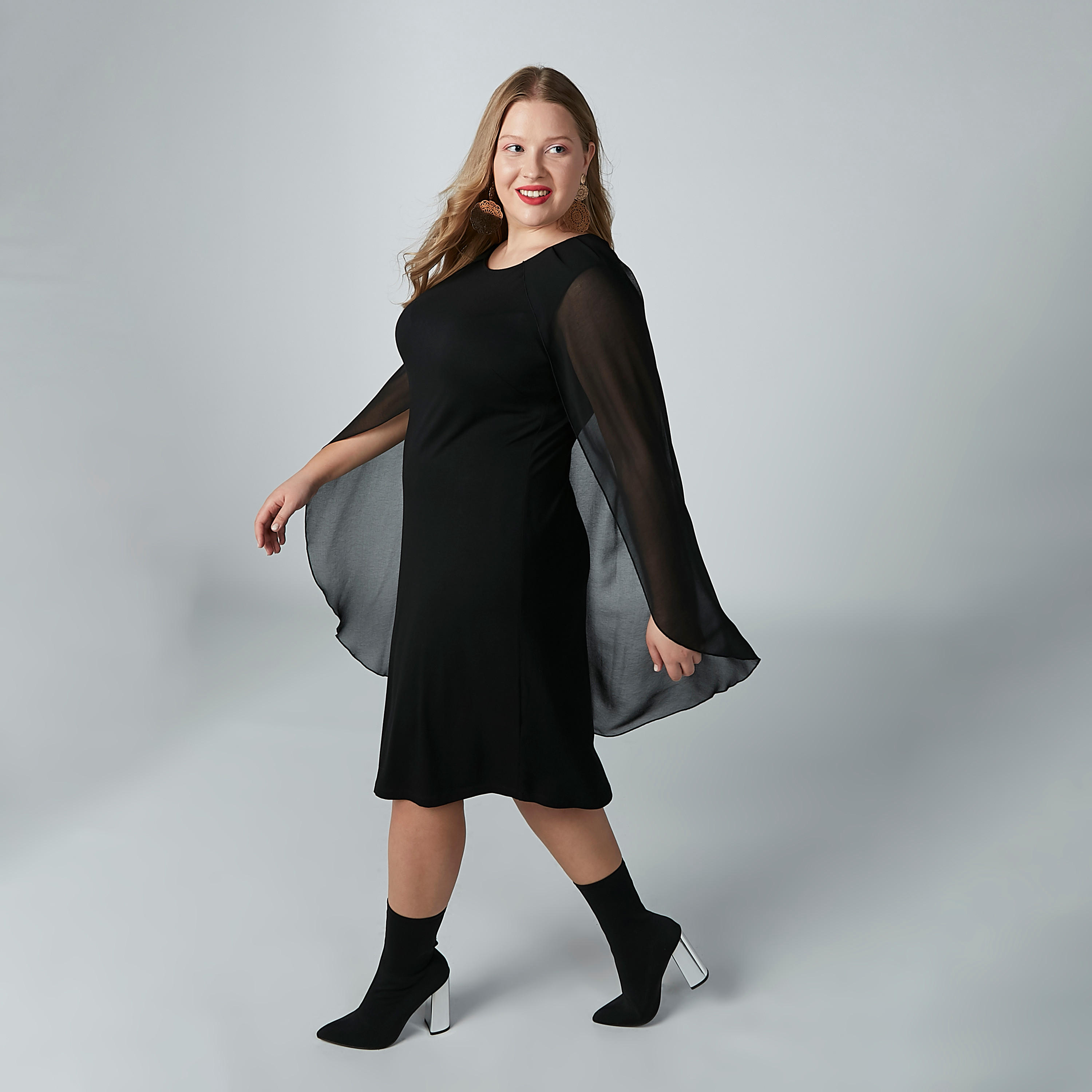 فستان ميدي سادة واسع بياقة مستديرة-women-clothing-dresses-image-3