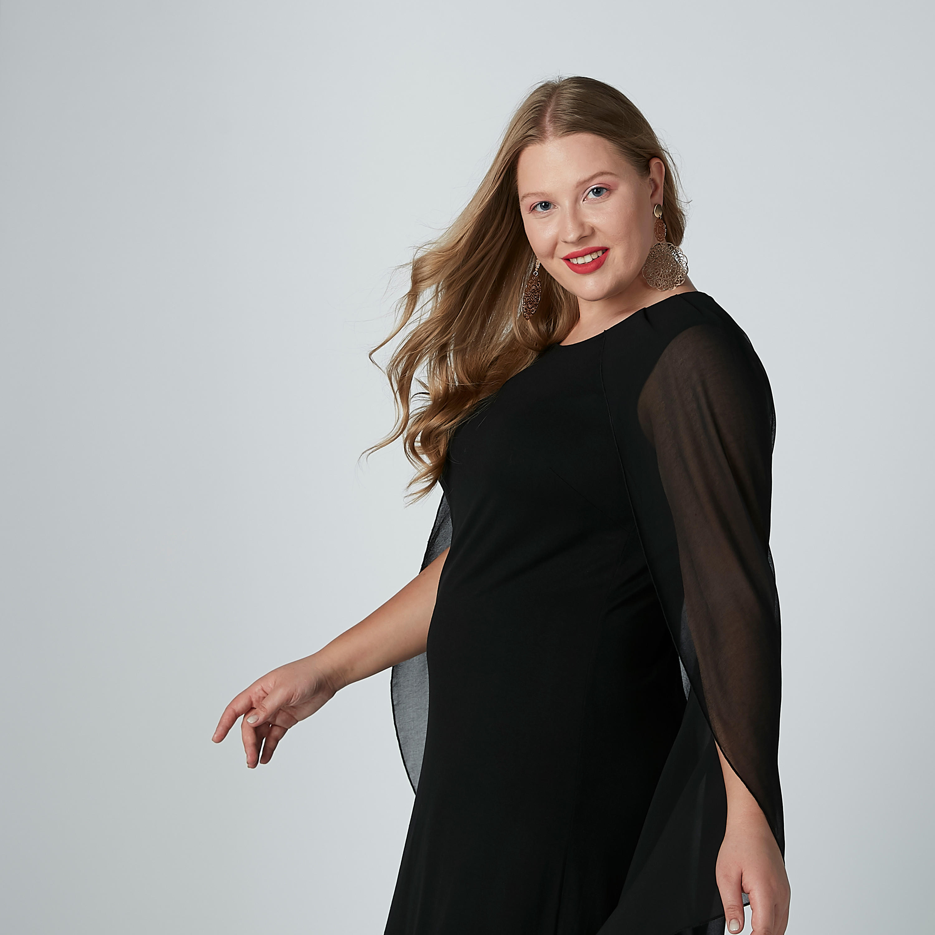 فستان ميدي سادة واسع بياقة مستديرة-women-clothing-dresses-image-2