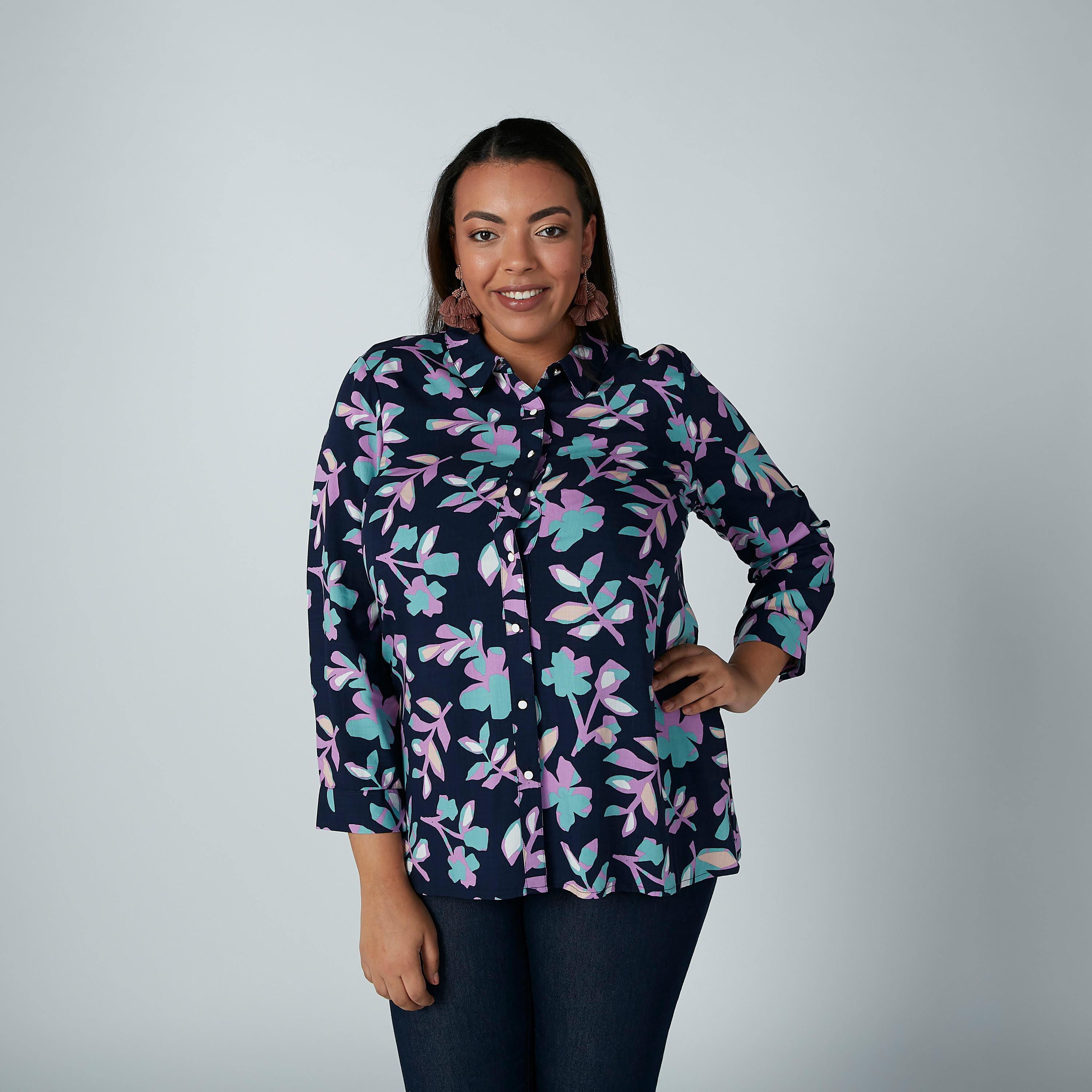 قميص بأكمام 3/4 وأزرار وطبعات زهرية-women-clothing-shirtsandblouses-blouses-image-1