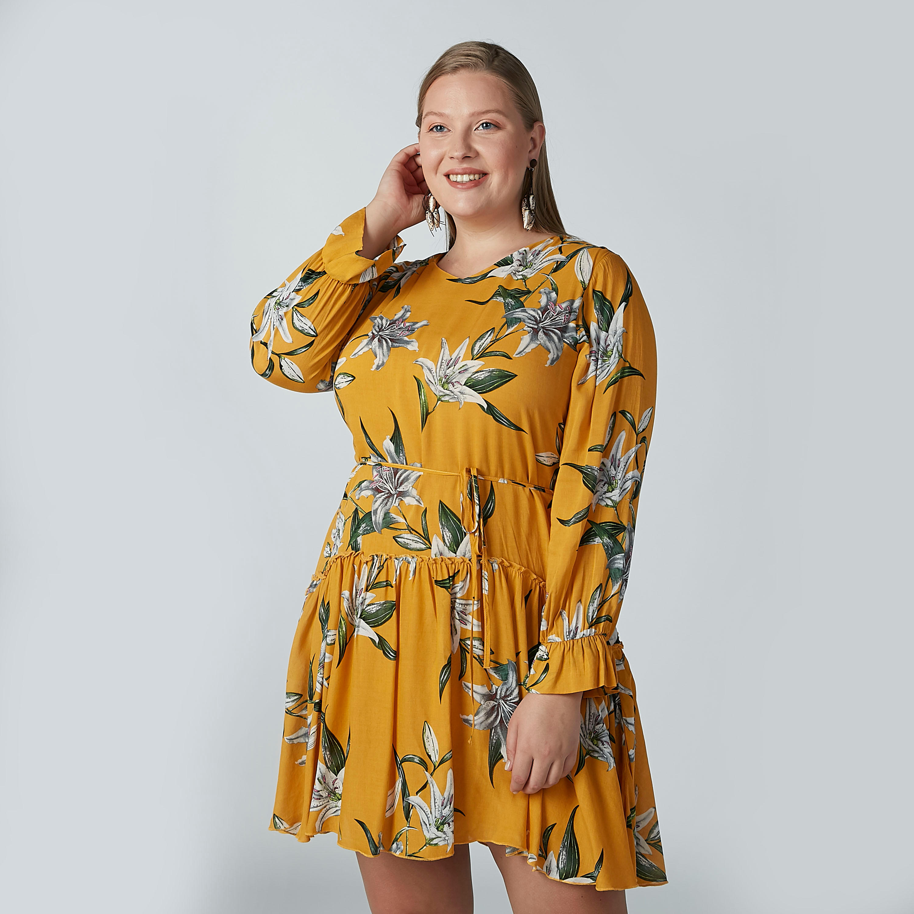فستان إيه لاين بأكمام طويلة وأربطة وطبعات زهرية-women-clothing-dresses-image-1