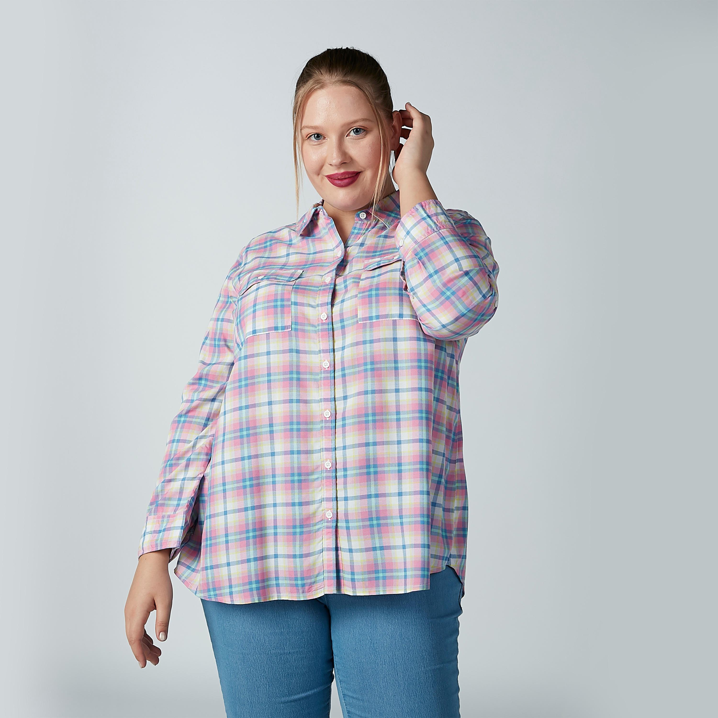 قميص كاروهات بأكمام طويلة وجيب على الصدر-women-clothing-shirtsandblouses-blouses-image-1