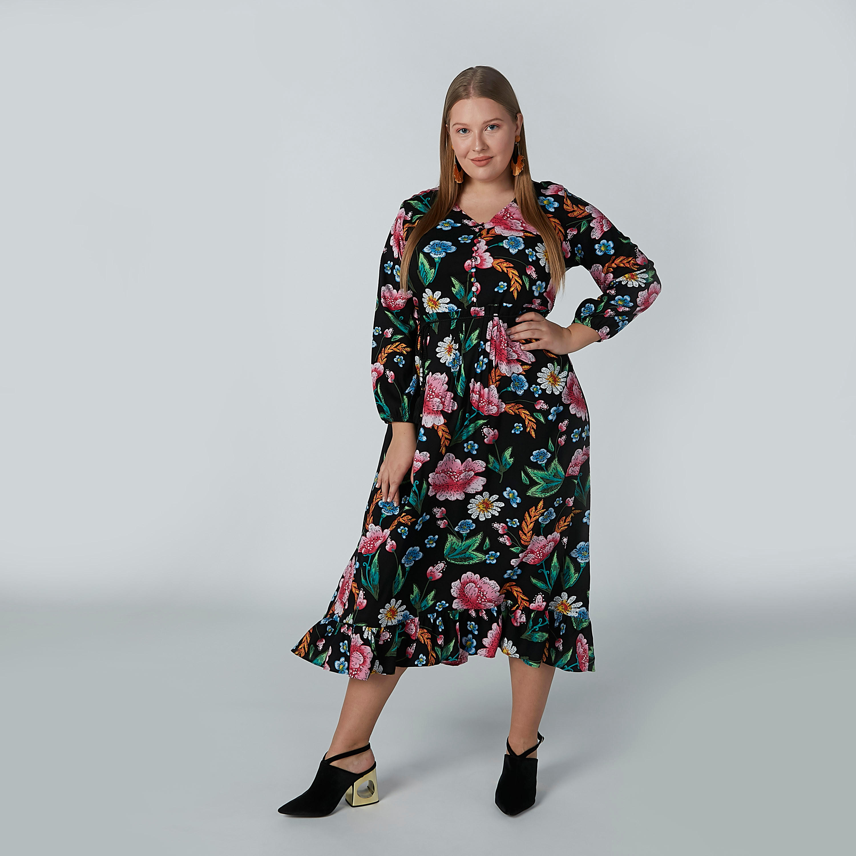 فستان إيه لاين متوسط الطول بأكمام طويلة وأربطة وطبعات زهرية-women-clothing-dresses-image-2