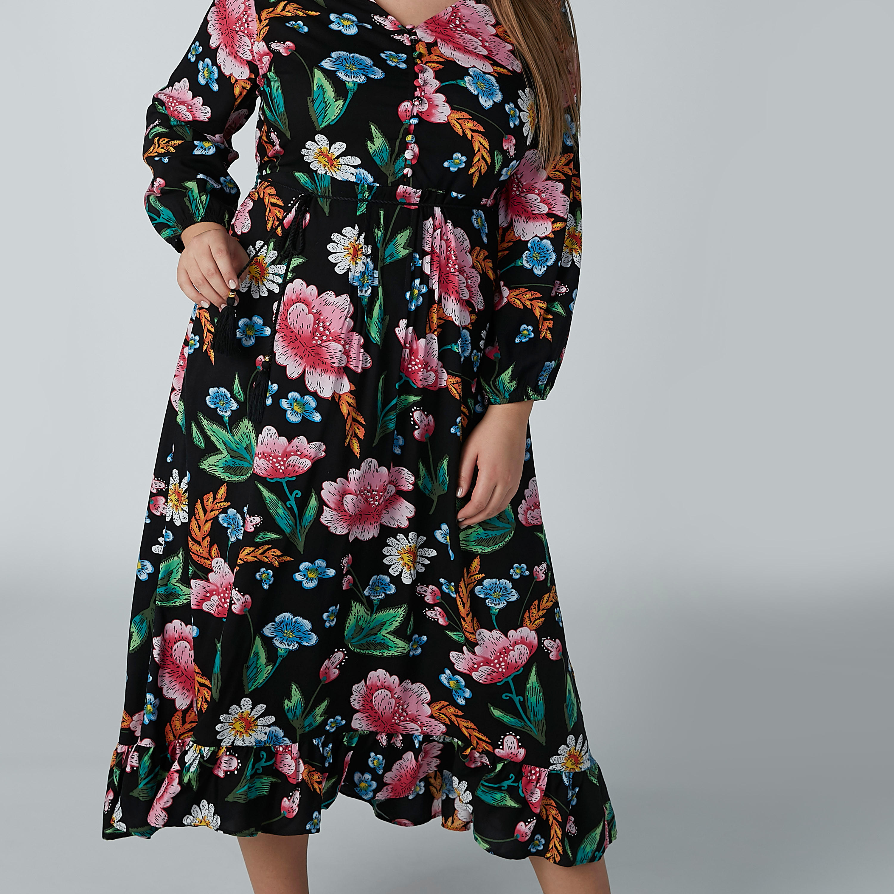 فستان إيه لاين متوسط الطول بأكمام طويلة وأربطة وطبعات زهرية-women-clothing-dresses-image-3
