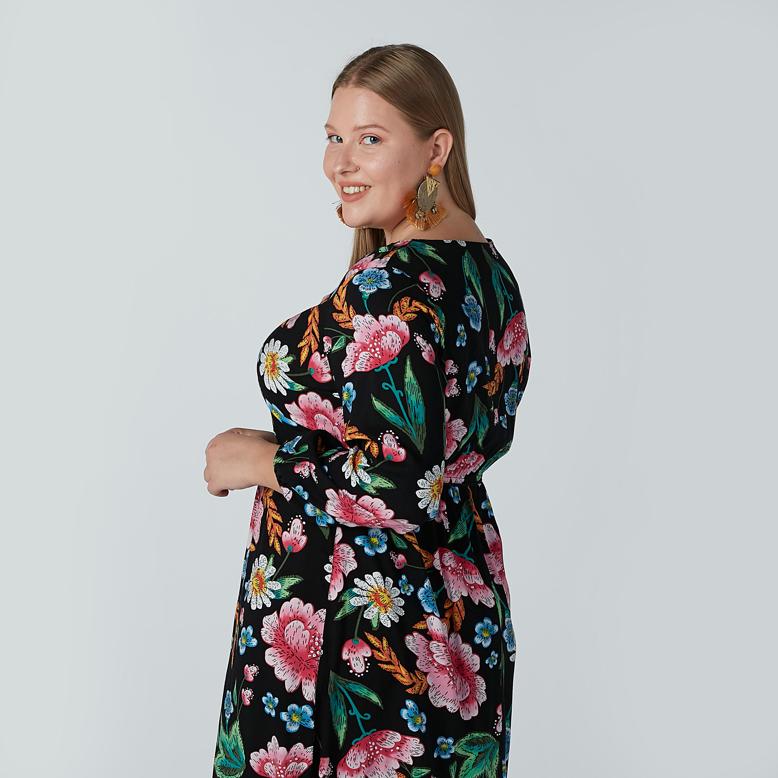 فستان إيه لاين متوسط الطول بأكمام طويلة وأربطة وطبعات زهرية-women-clothing-dresses-image-4