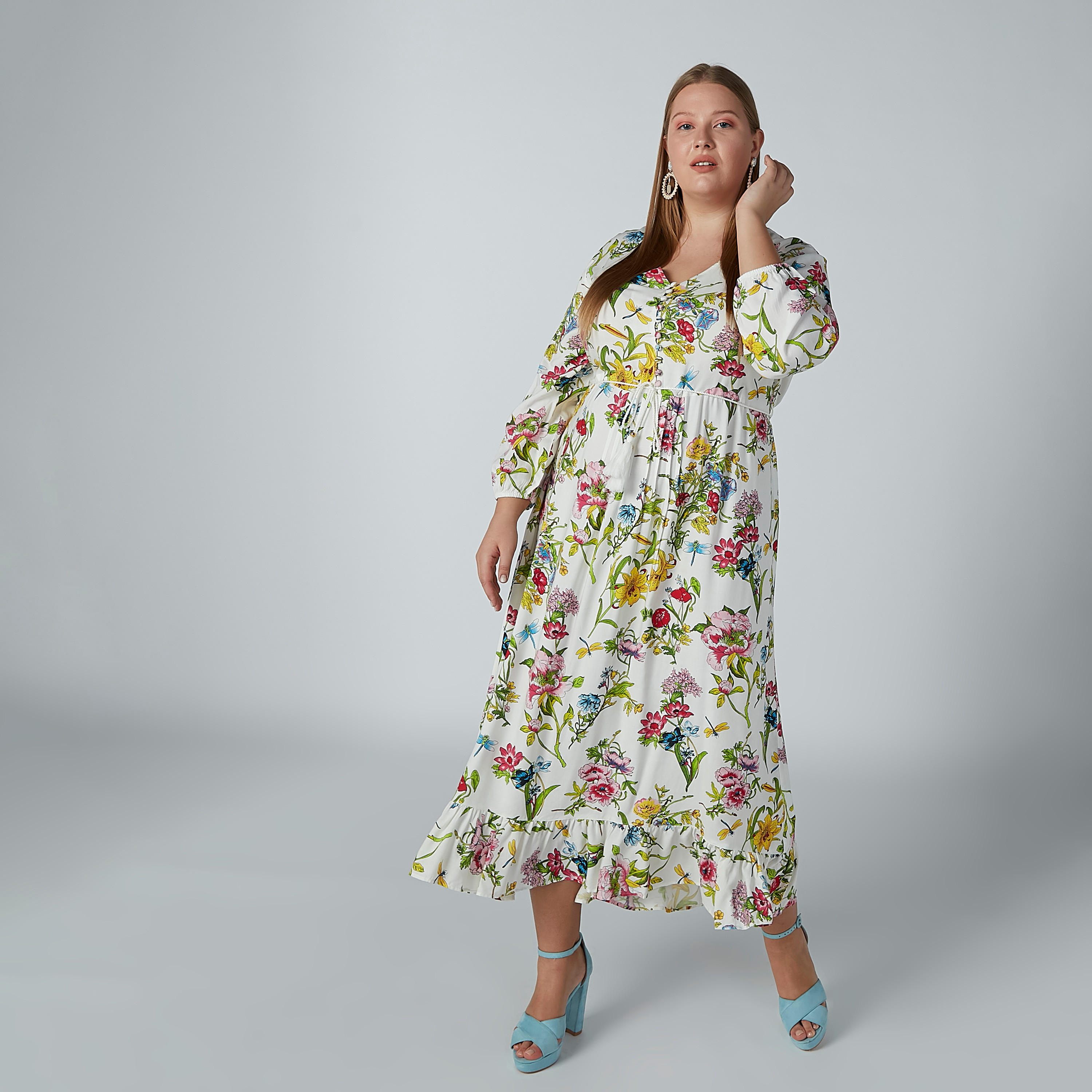 فستان إيه لاين بأكمام طويلة وأربطة وطبعات زهرية-women-clothing-dresses-image-3
