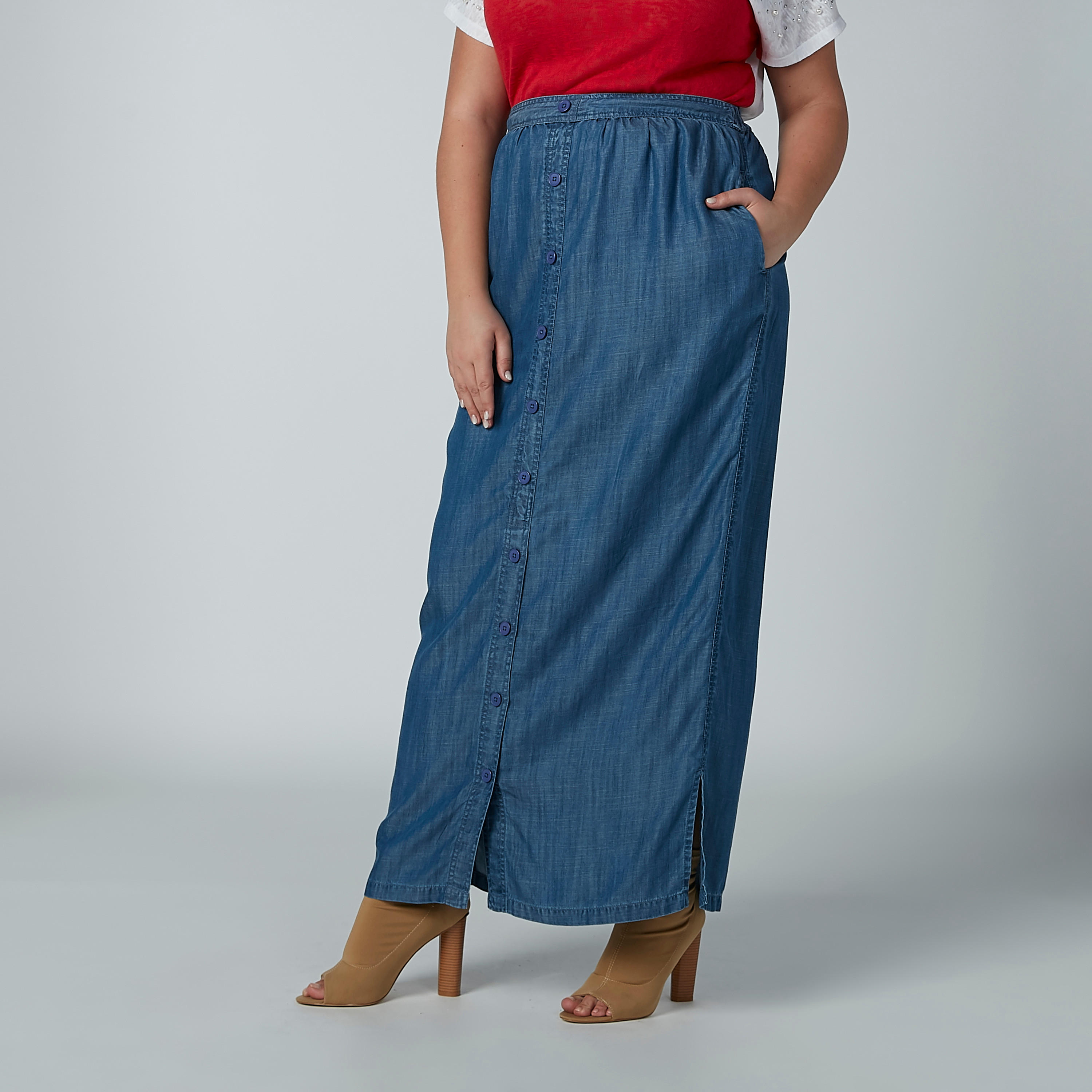 تنورة دينم طويلة بجيوب وحزام مطاطي-women-clothing-bottoms-skirts-image-2