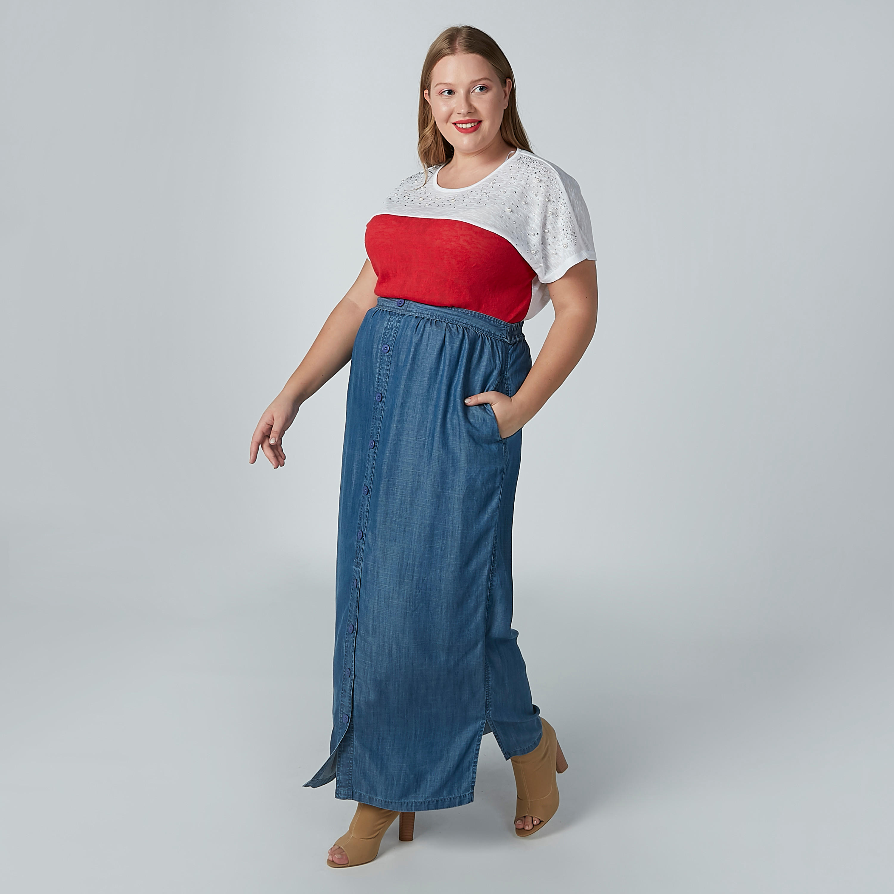 تنورة دينم طويلة بجيوب وحزام مطاطي-women-clothing-bottoms-skirts-image-3