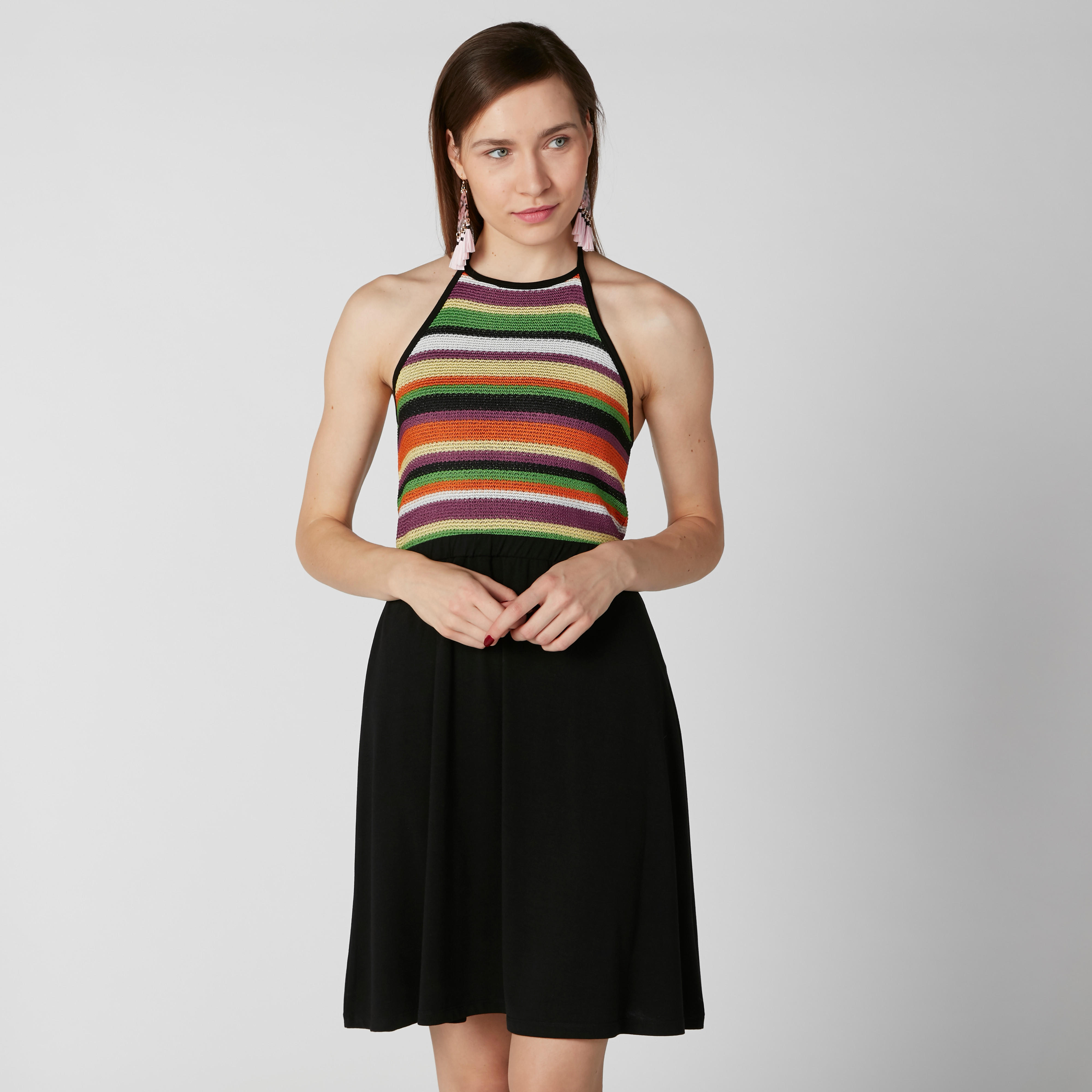 فستان مقلم متوسط الطول بياقة هالتر وأربطة-women-clothing-dresses-image-1