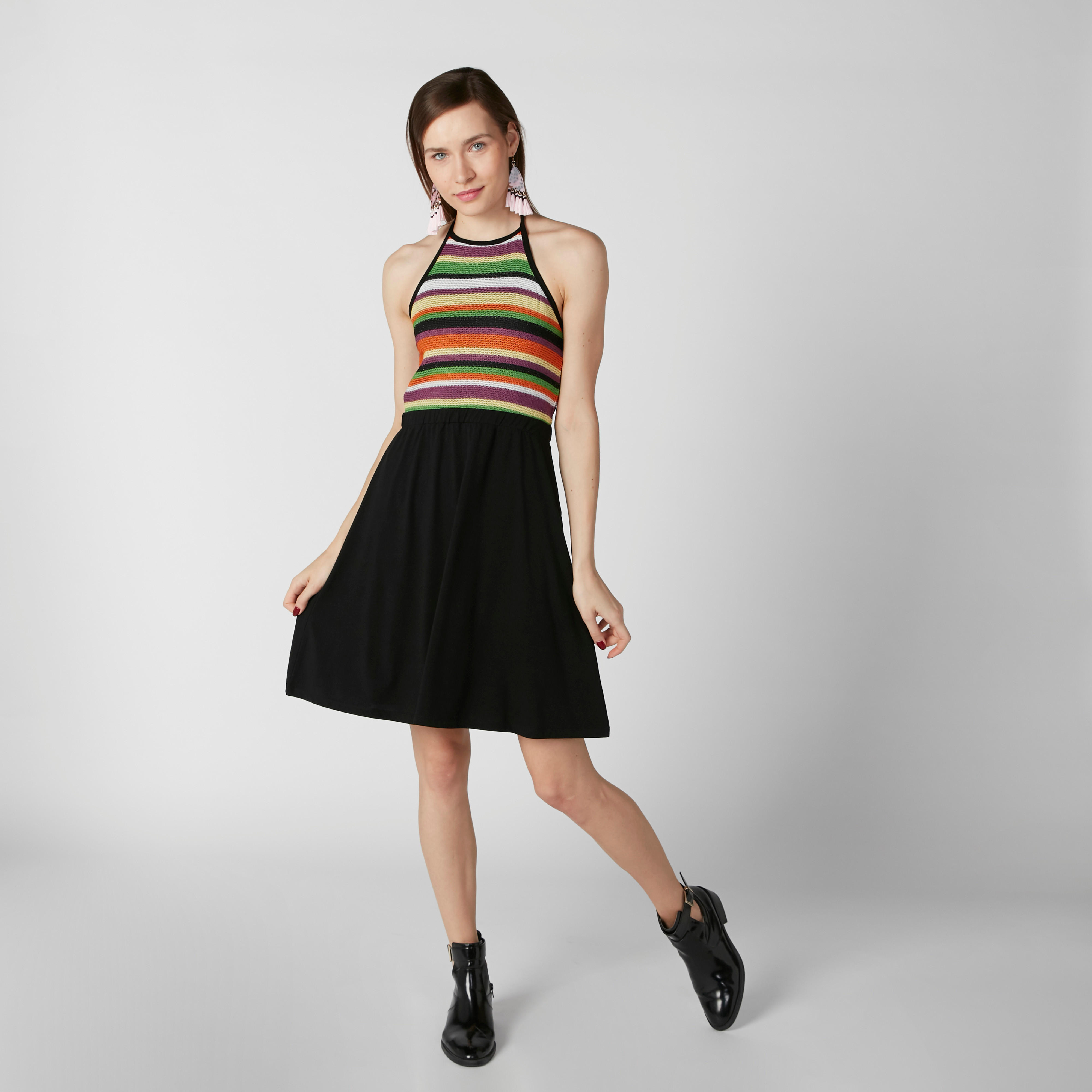 فستان مقلم متوسط الطول بياقة هالتر وأربطة-women-clothing-dresses-image-3