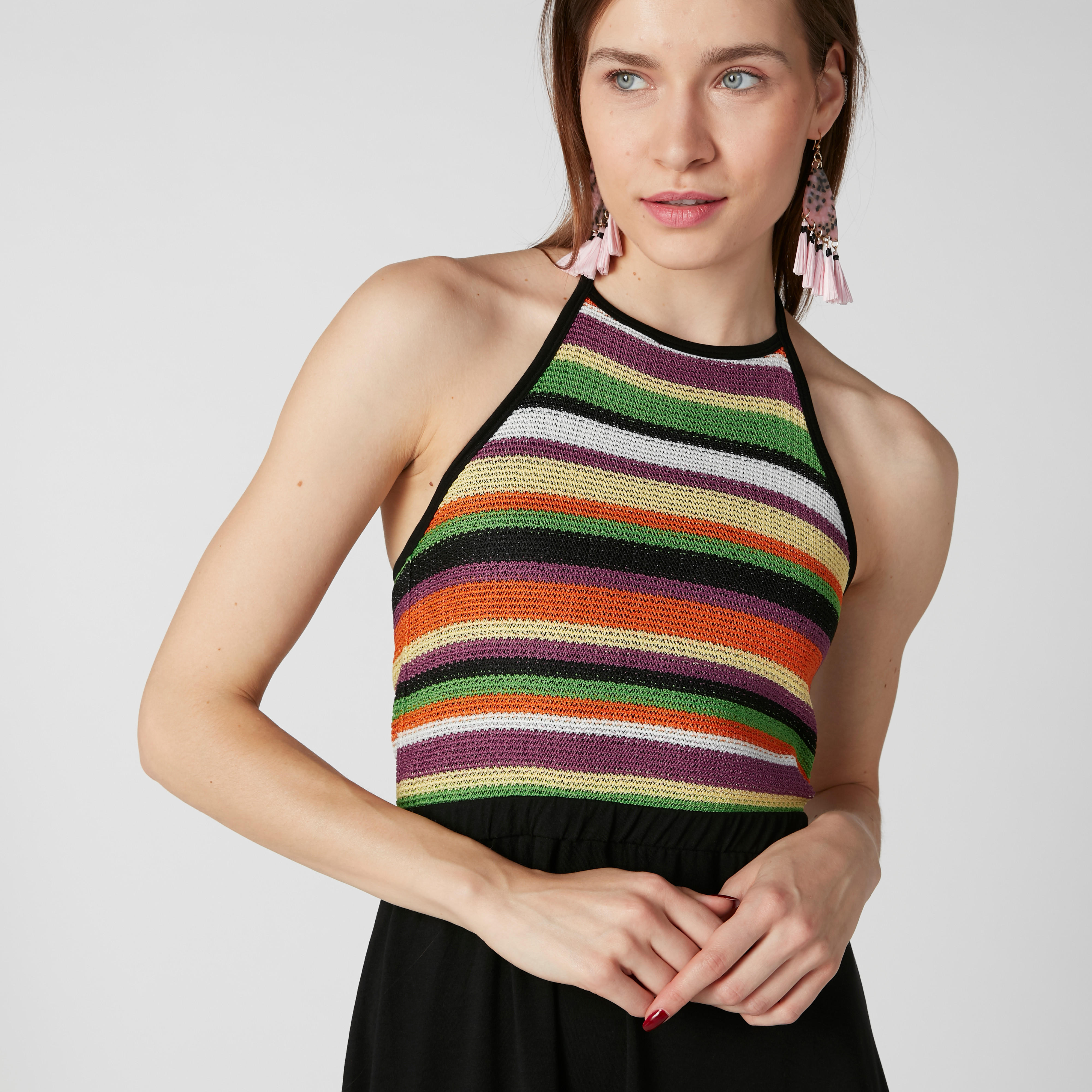 فستان مقلم متوسط الطول بياقة هالتر وأربطة-women-clothing-dresses-image-5