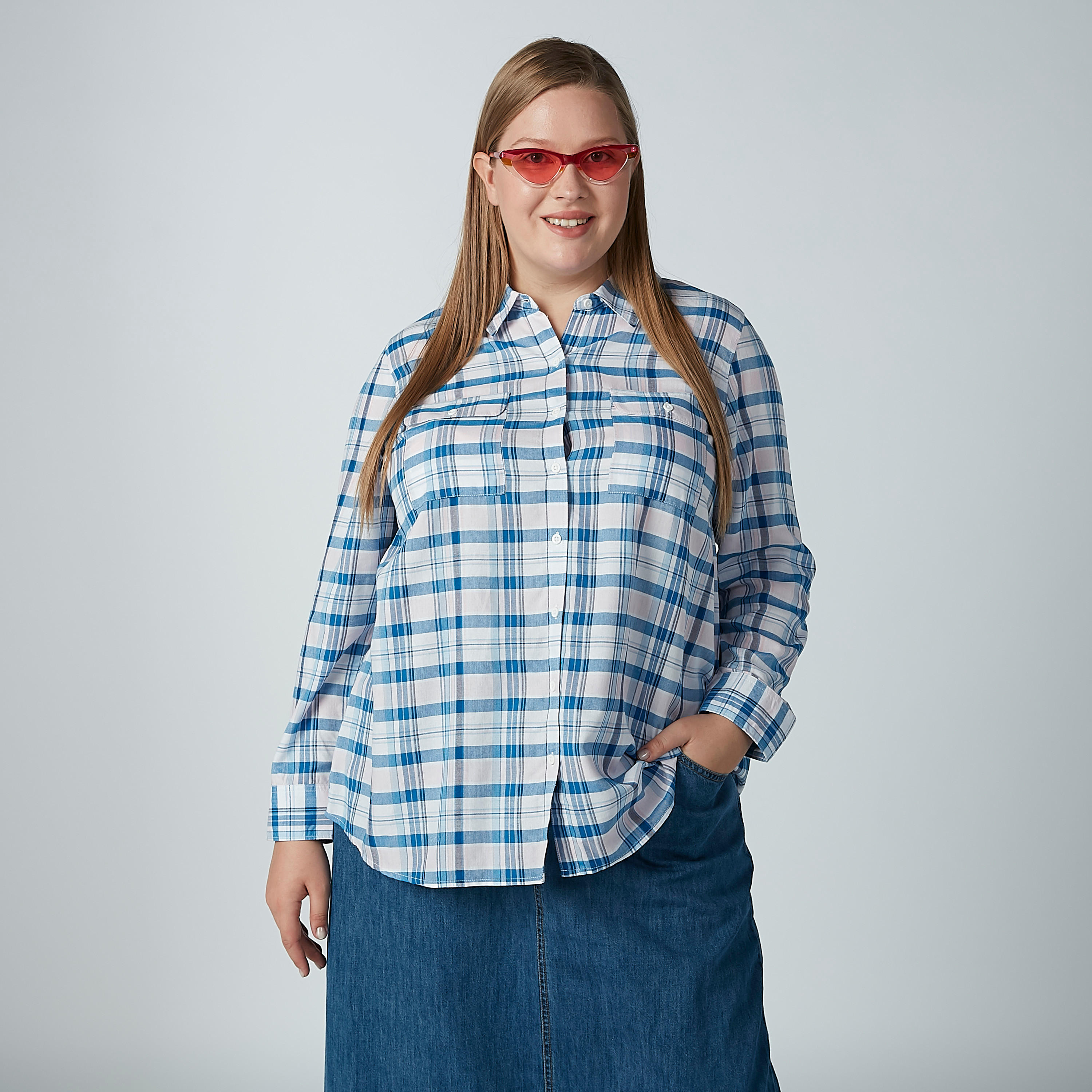 Chequered Shirt with Long Sleeves and Chest Pocket Detail-women-clothing-shirtsandblouses-blouses-image-1