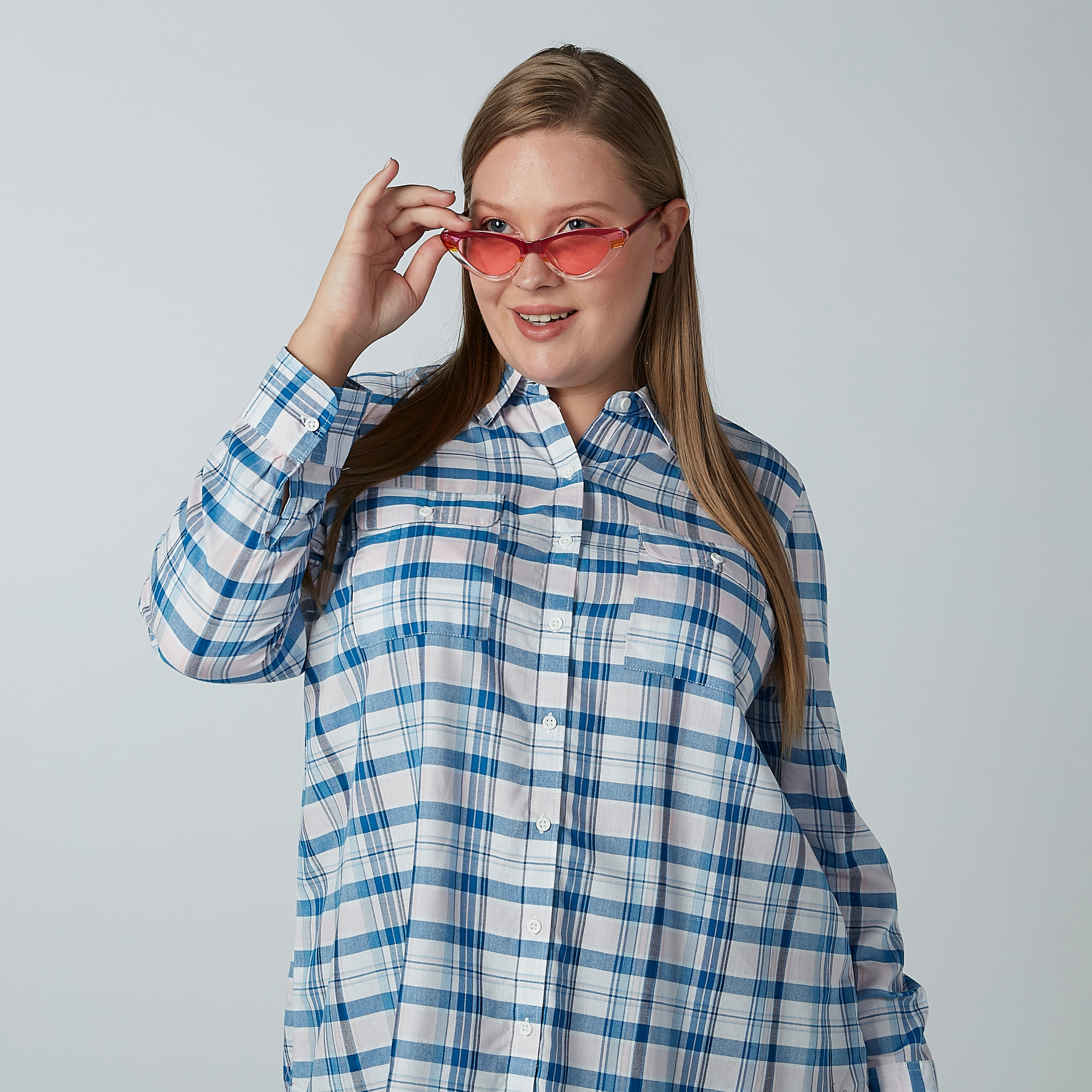 Chequered Shirt with Long Sleeves and Chest Pocket Detail-women-clothing-shirtsandblouses-blouses-image-3