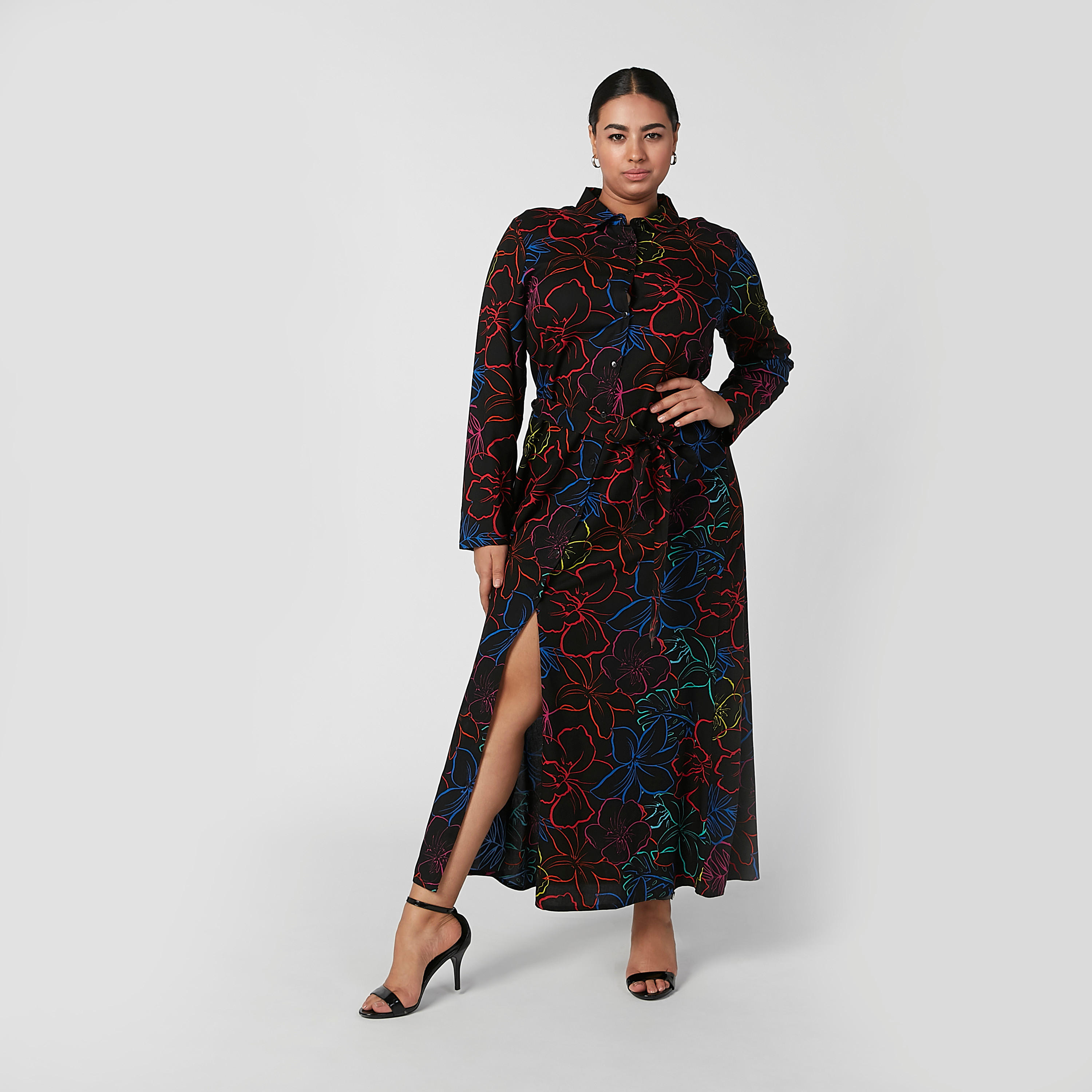 فستان طويل إيه لاين بأكمام طويلة وفتحة جانبية وطبعات-women-clothing-dresses-image-1