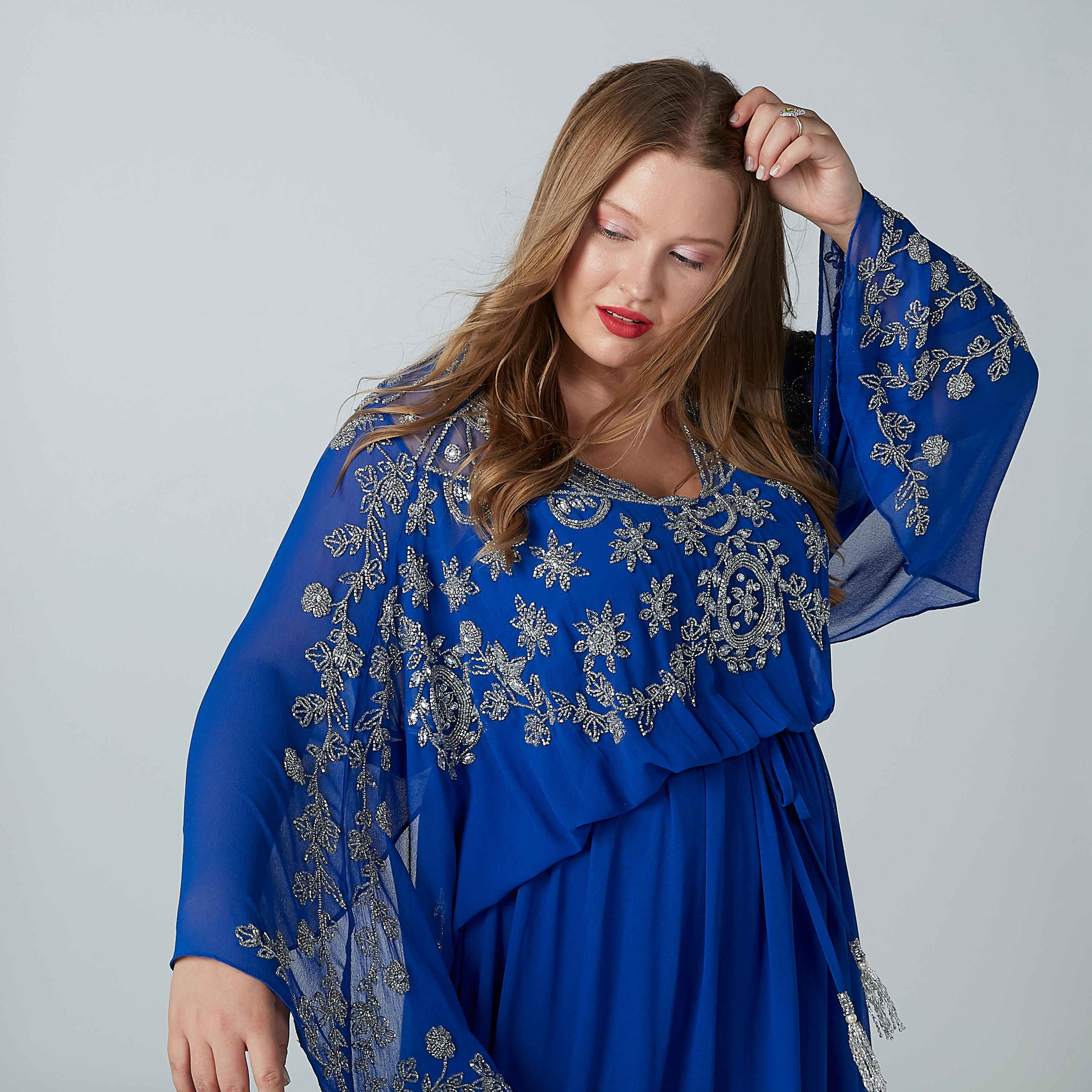 فستان إيه لاين بتزينات طويل بأكمام أزهار وأربطة-women-clothing-dresses-image-1