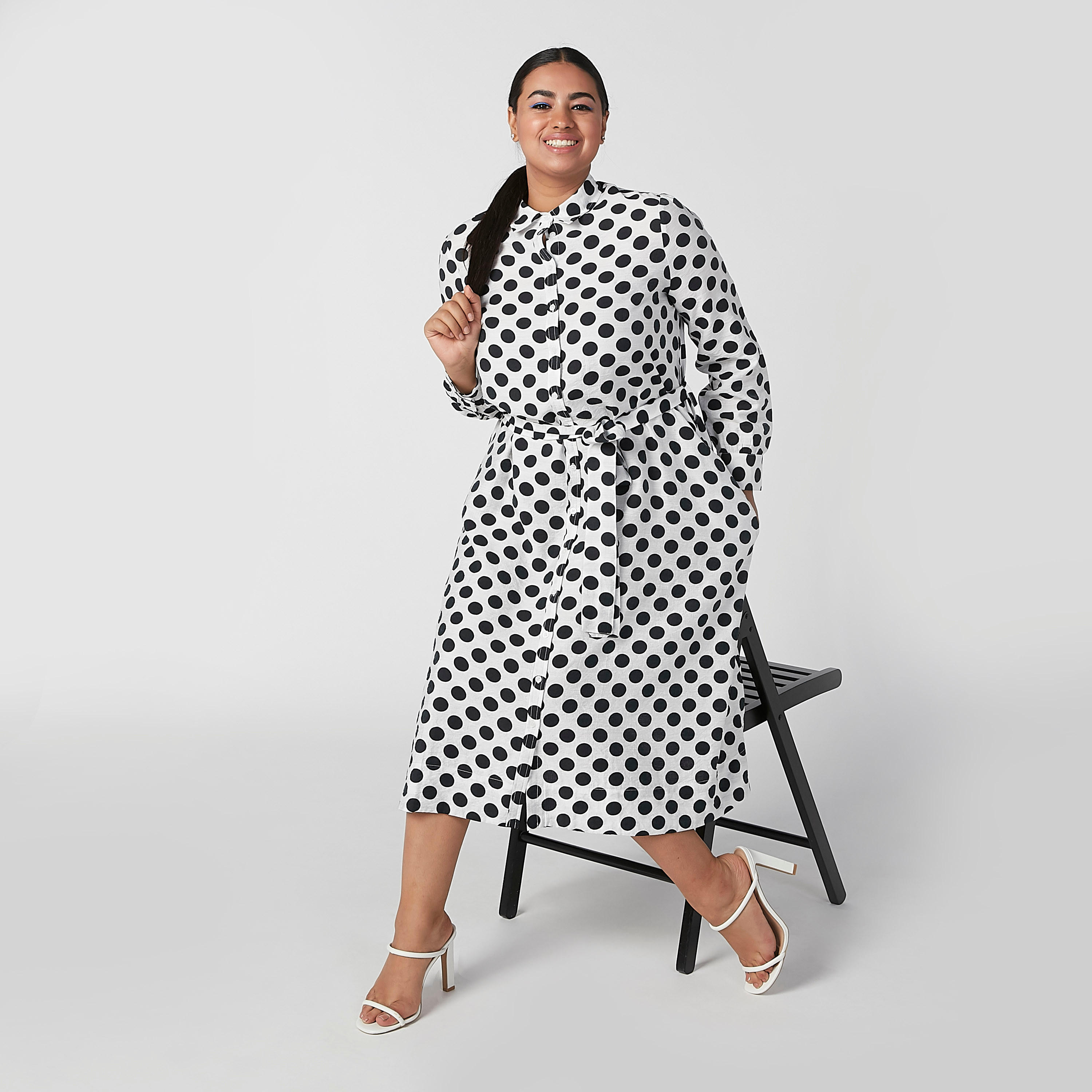 فستان قميص بأكمام طويلة وأربطة وطبعات منقّطة-women-clothing-dresses-image-1