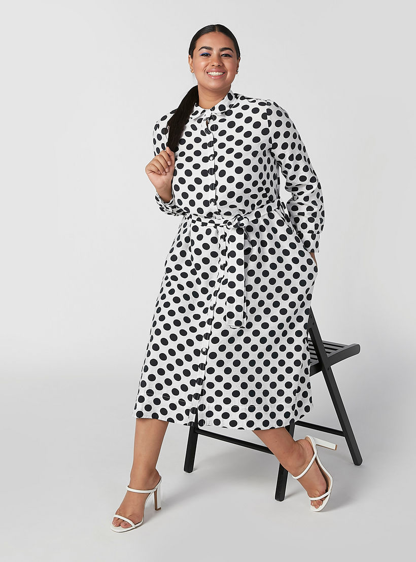 فستان قميص بأكمام طويلة وأربطة وطبعات منقّطة-women-clothing-dresses-image-1